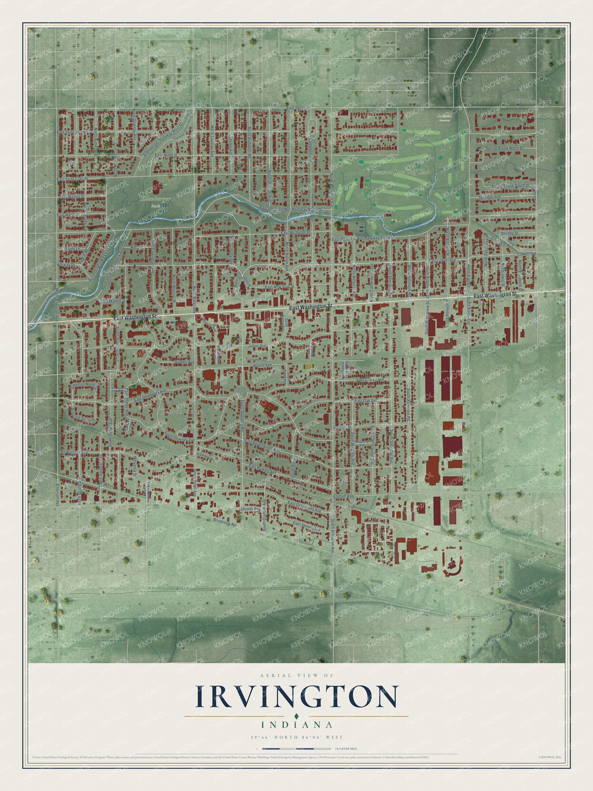 Full map of Irvington, Indiana, with red buildings, printed street names and the land around them