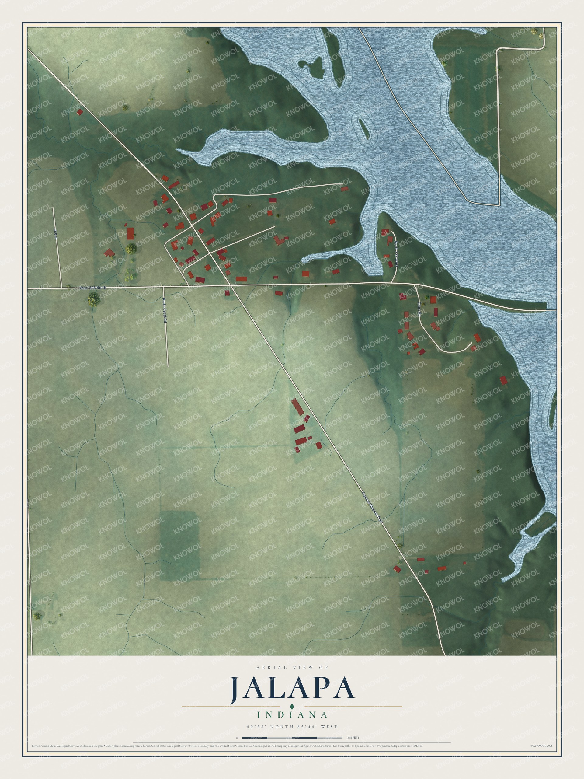 Full map of Jalapa, Indiana, with red buildings, printed street names and the land around them