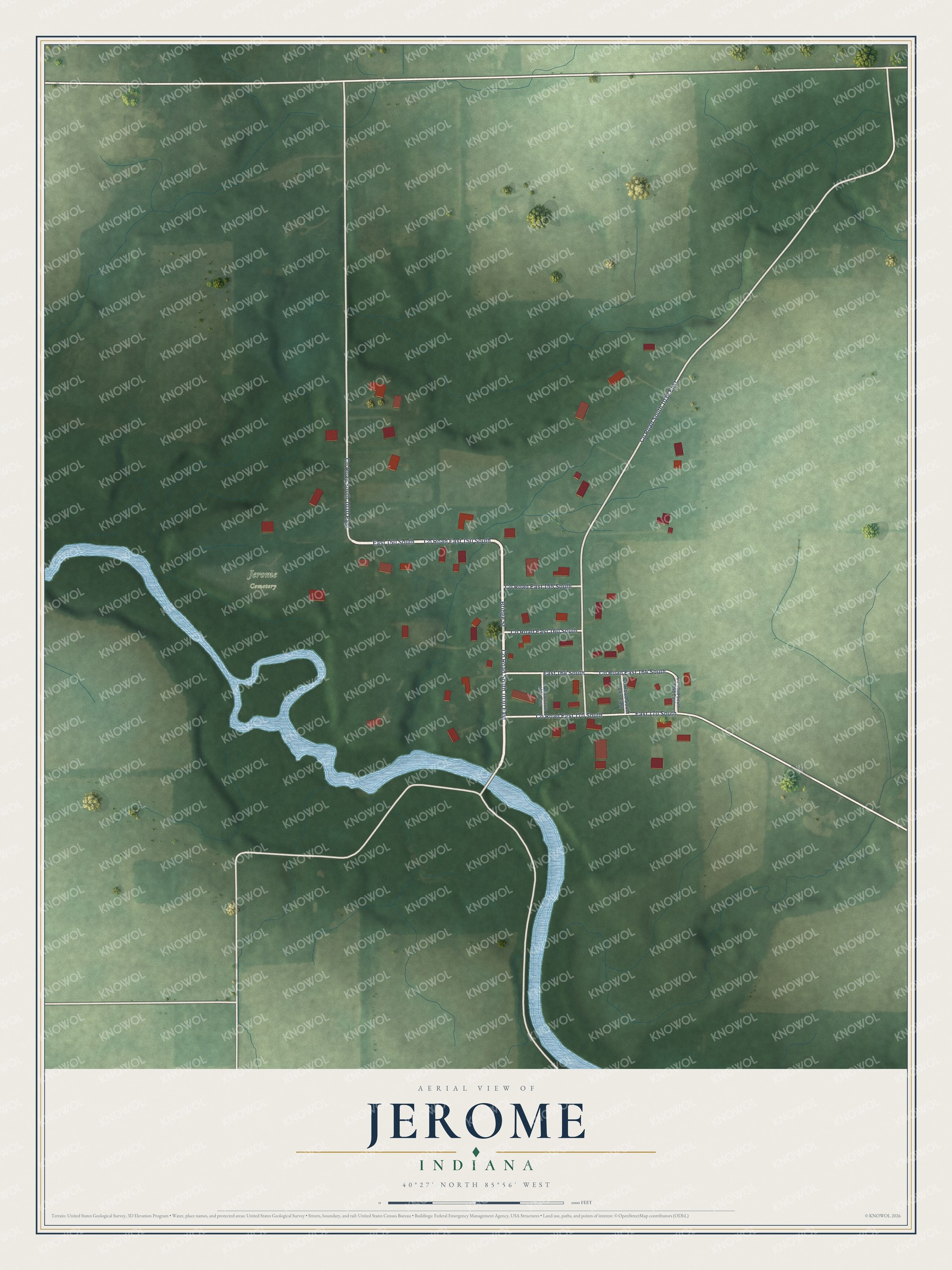 Full map of Jerome, Indiana, with red buildings, printed street names and the land around them
