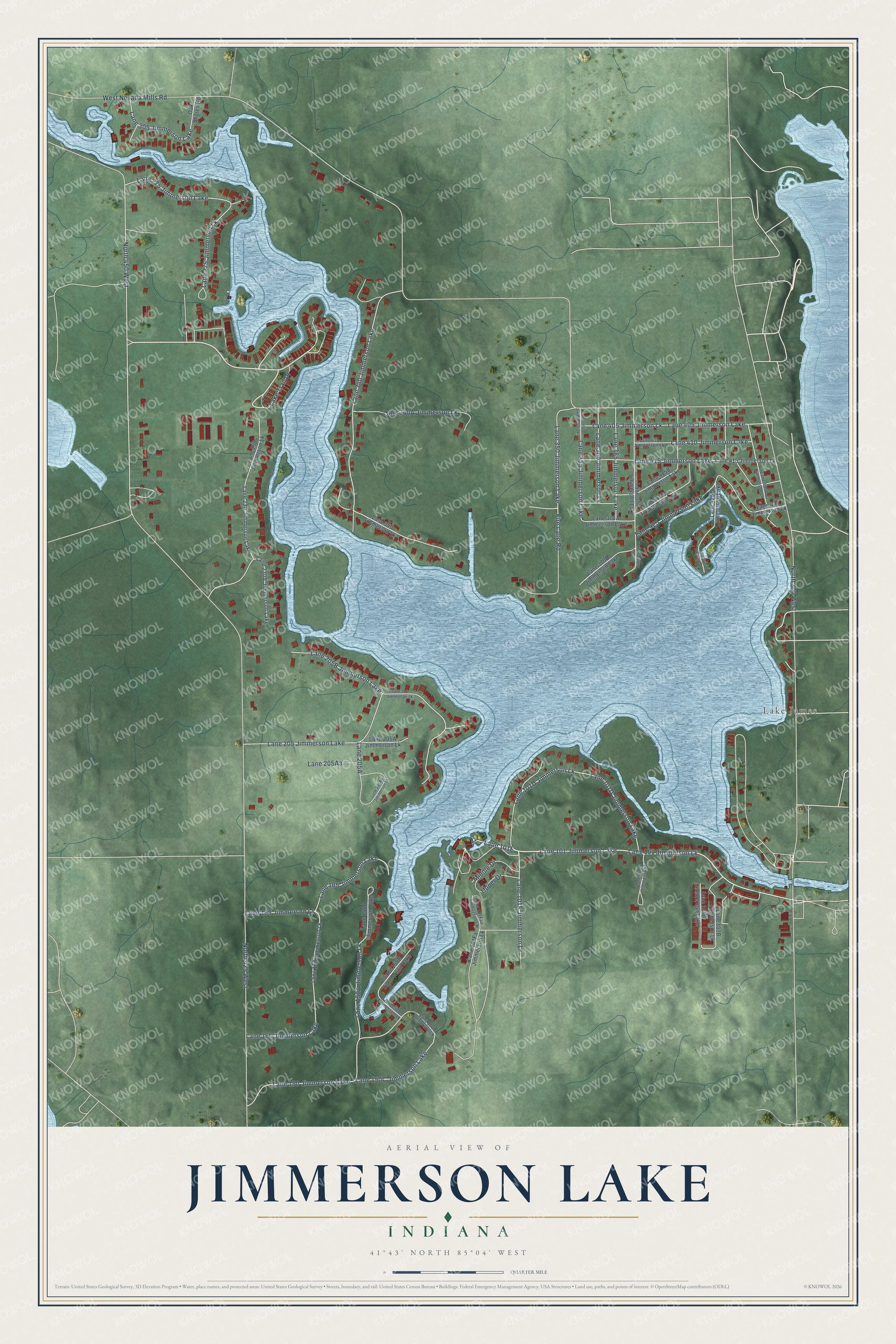 Full map of Jimmerson Lake, Indiana, with red buildings, printed street names and the land around them