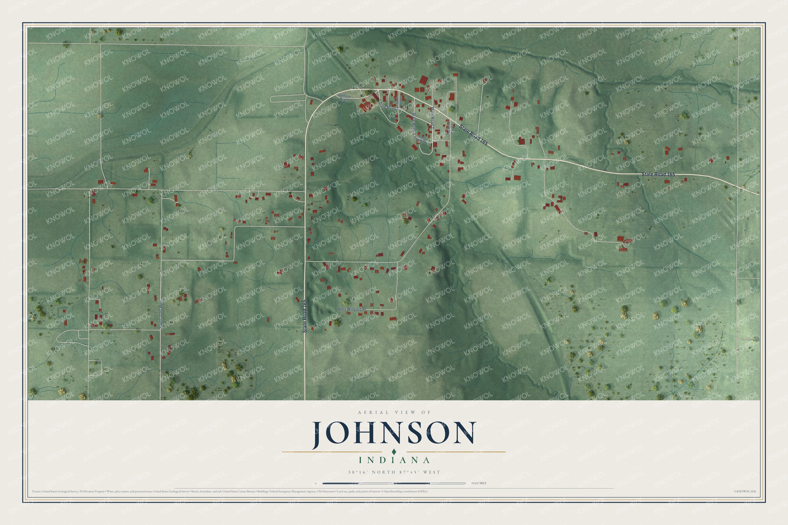 Full map of Johnson, Indiana, with red buildings, printed street names and the land around them