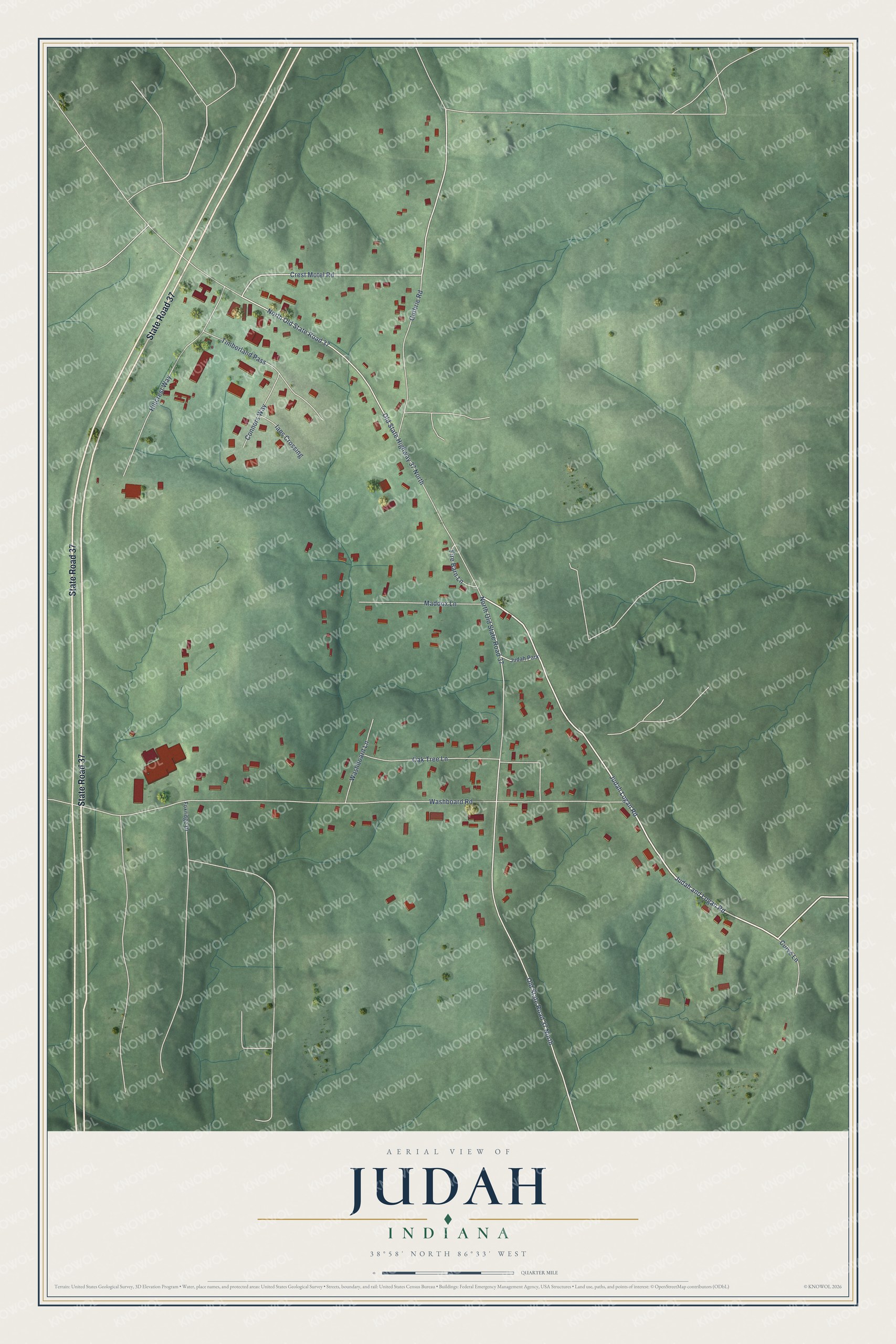 Full map of Judah, Indiana, with red buildings, printed street names and the land around them