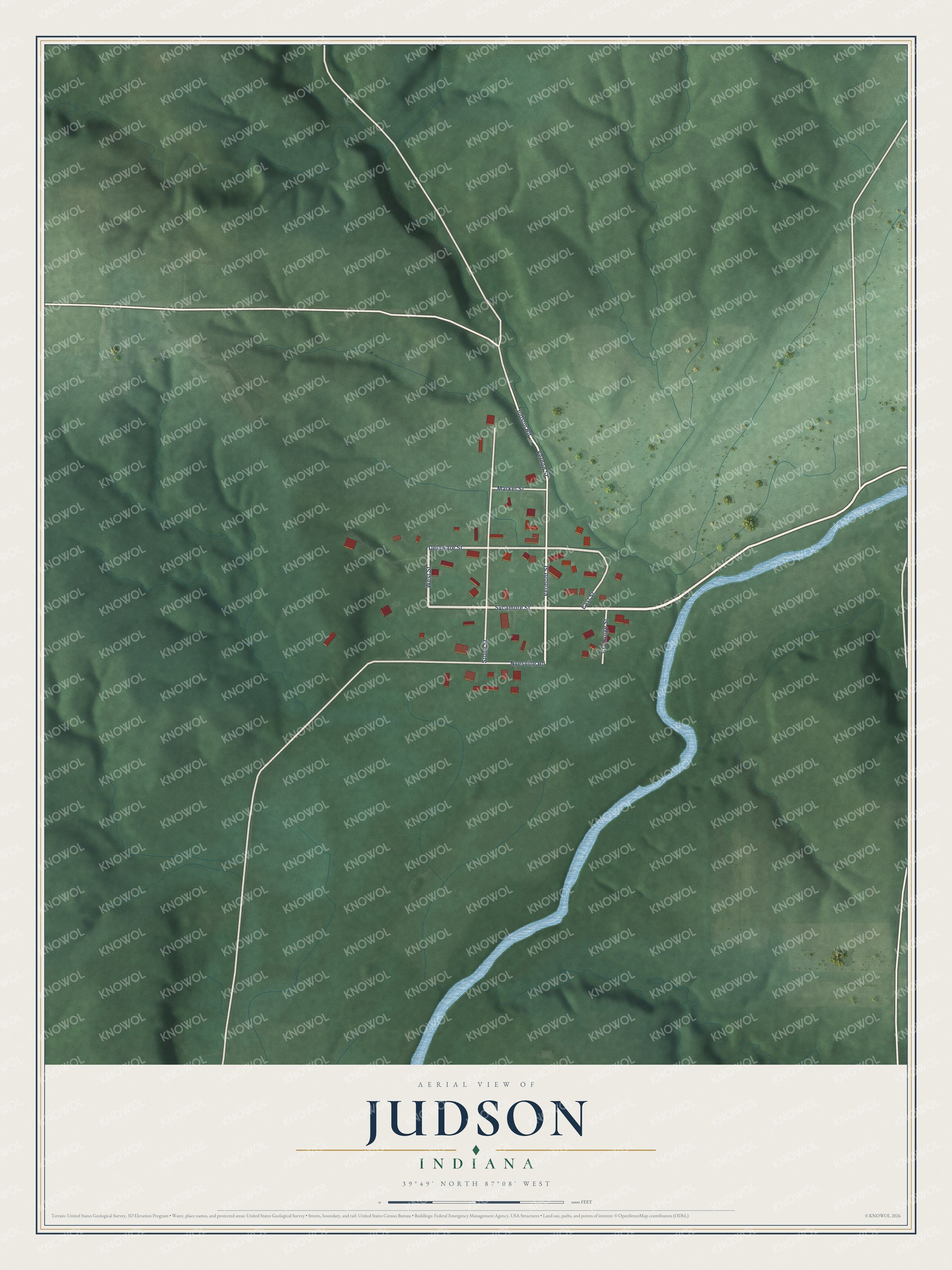 Full map of Judson, Indiana, with red buildings, printed street names and the land around them