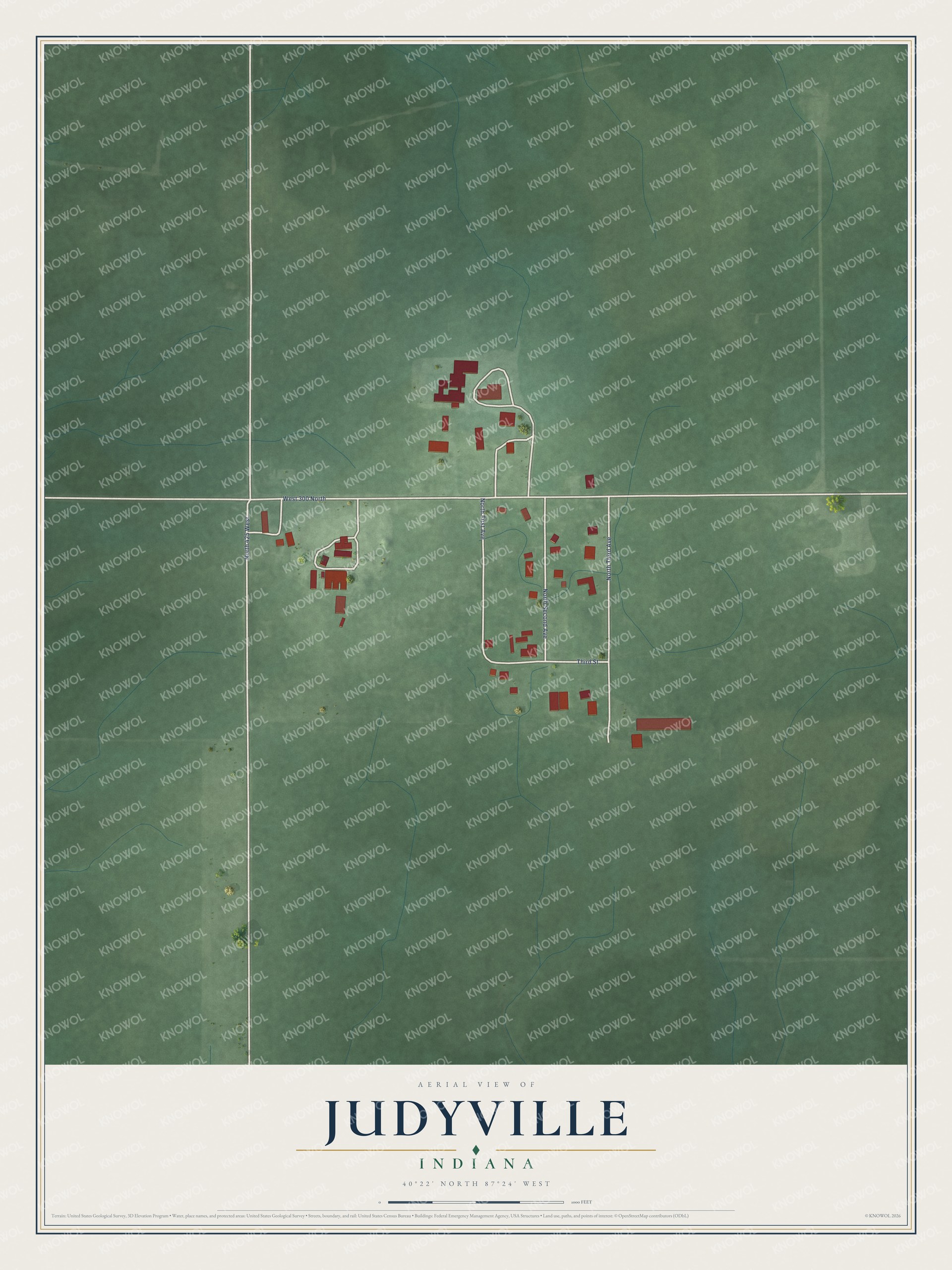 Full map of Judyville, Indiana, with red buildings, printed street names and the land around them