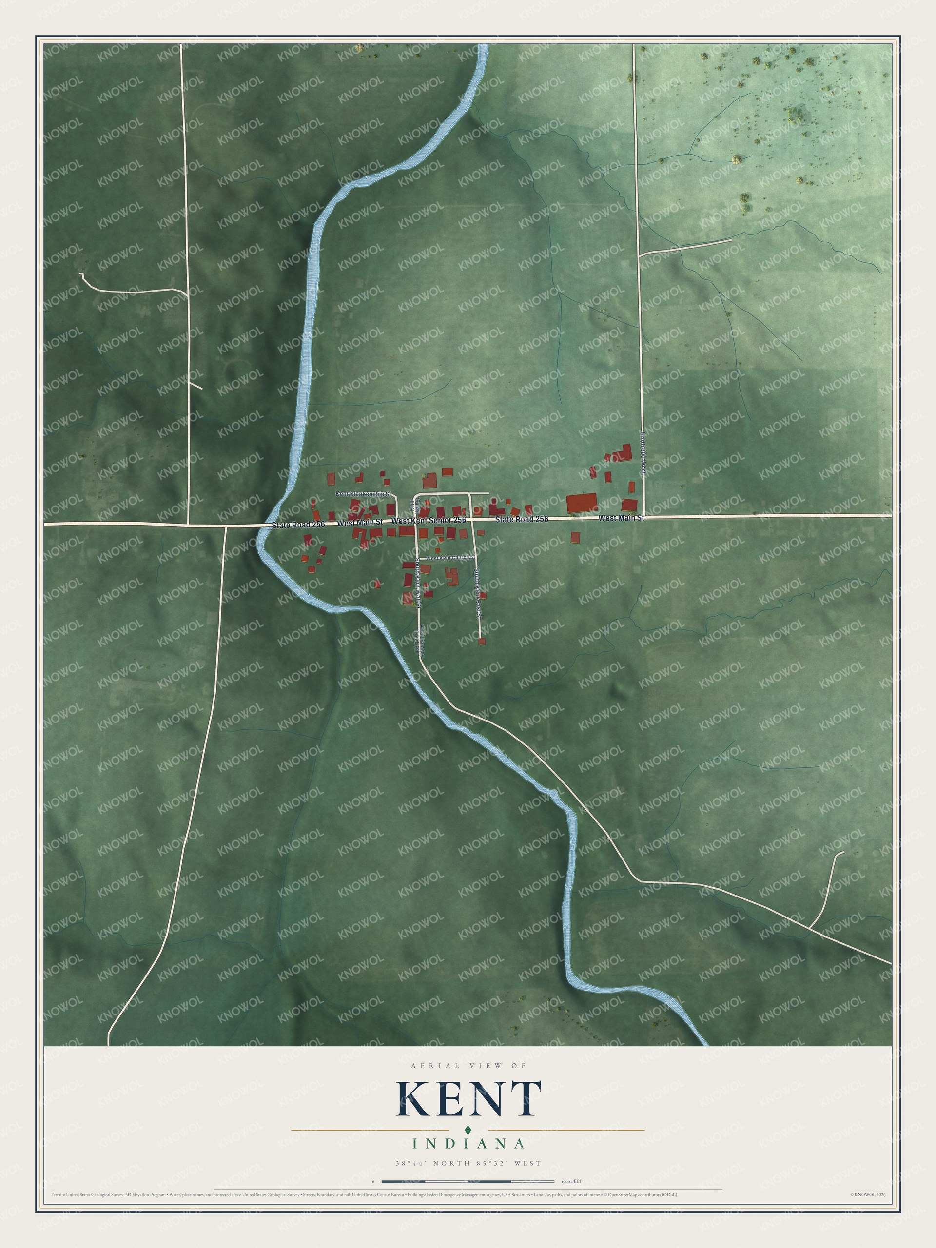 Full map of Kent, Indiana, with red buildings, printed street names and the land around them