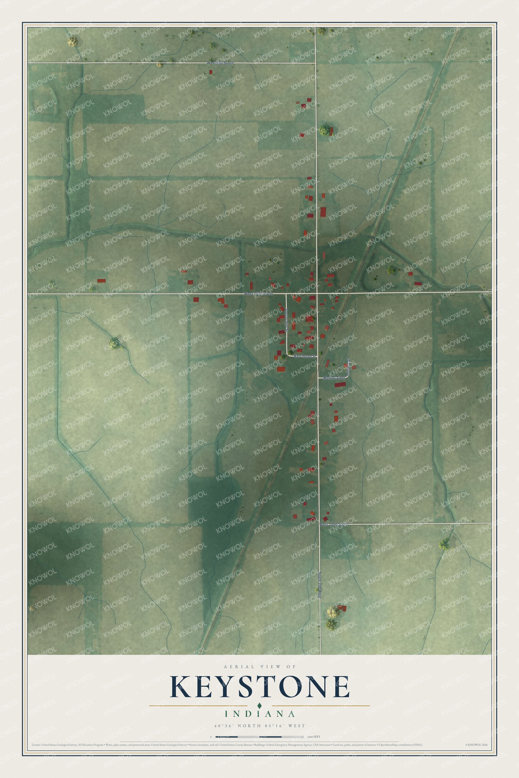 Full map of Keystone, Indiana, with red buildings, printed street names and the land around them