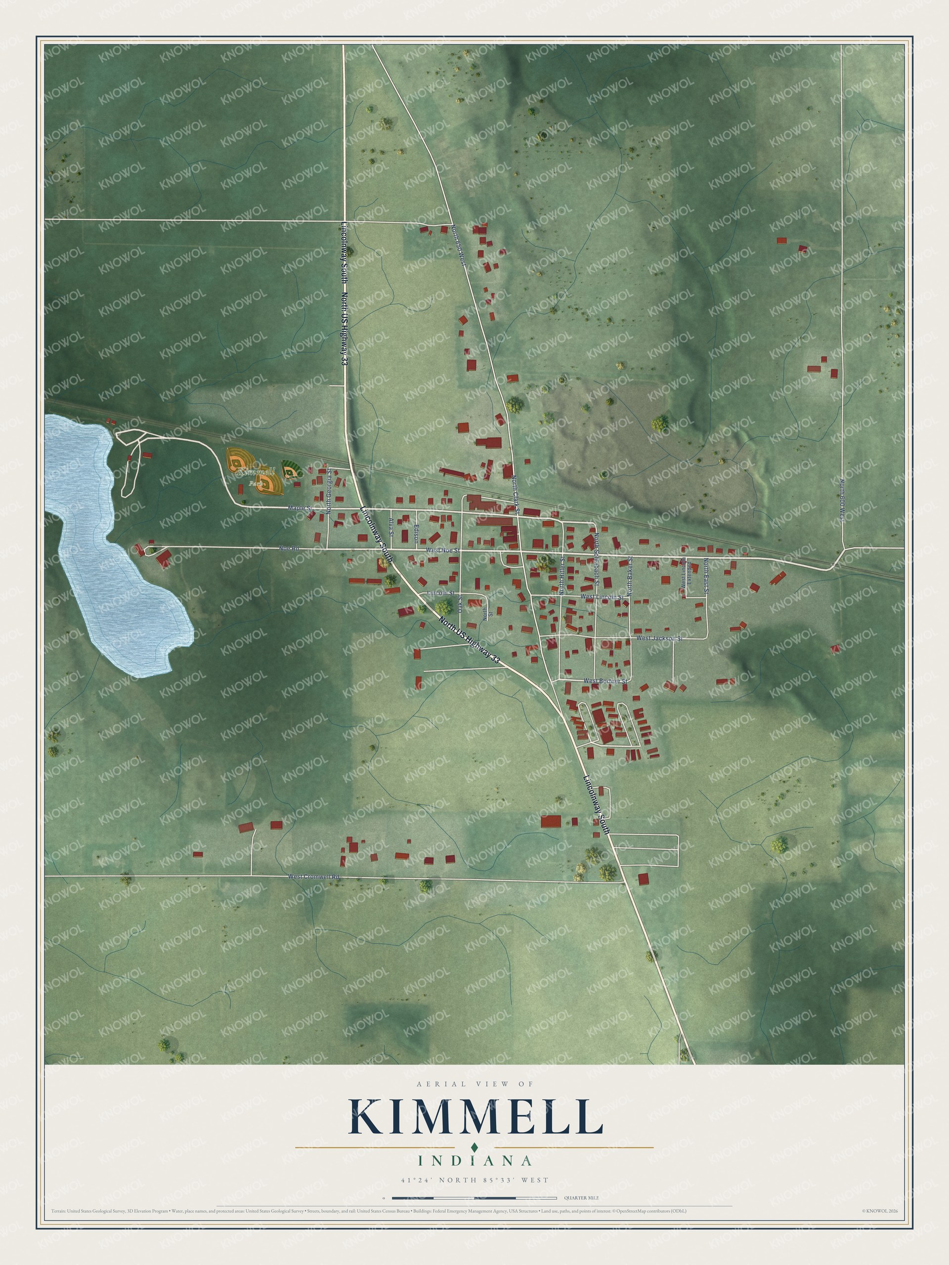 Full map of Kimmell, Indiana, with red buildings, printed street names and the land around them