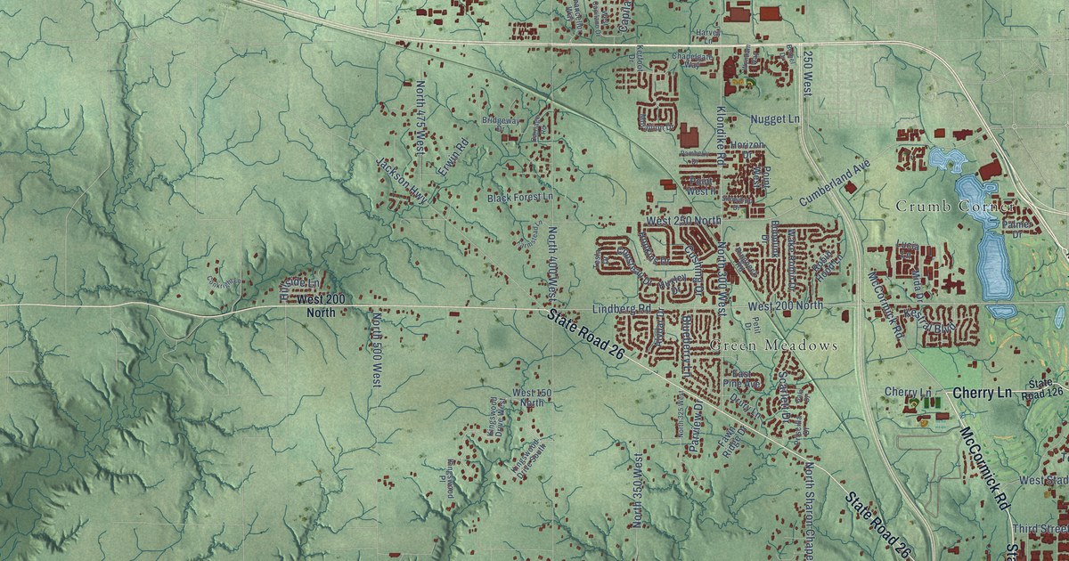 Close-up of streets and buildings in Klondike, Indiana