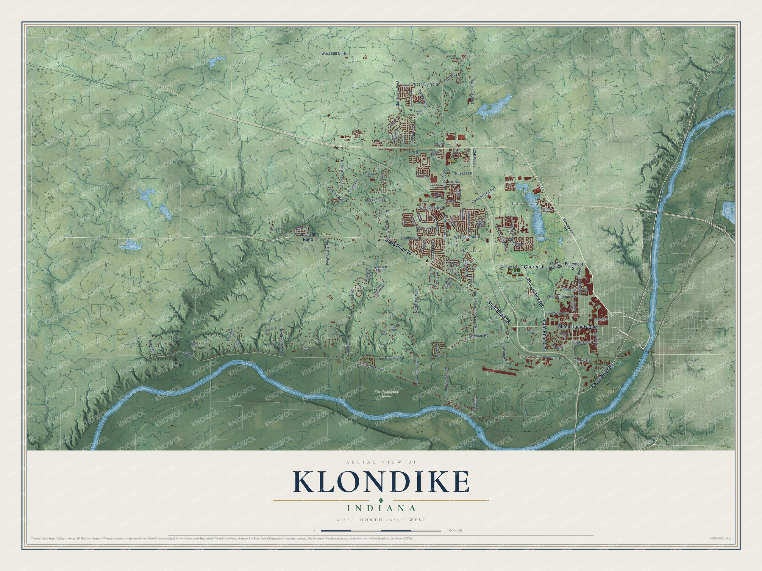 Full map of Klondike, Indiana, with red buildings, printed street names and the land around them