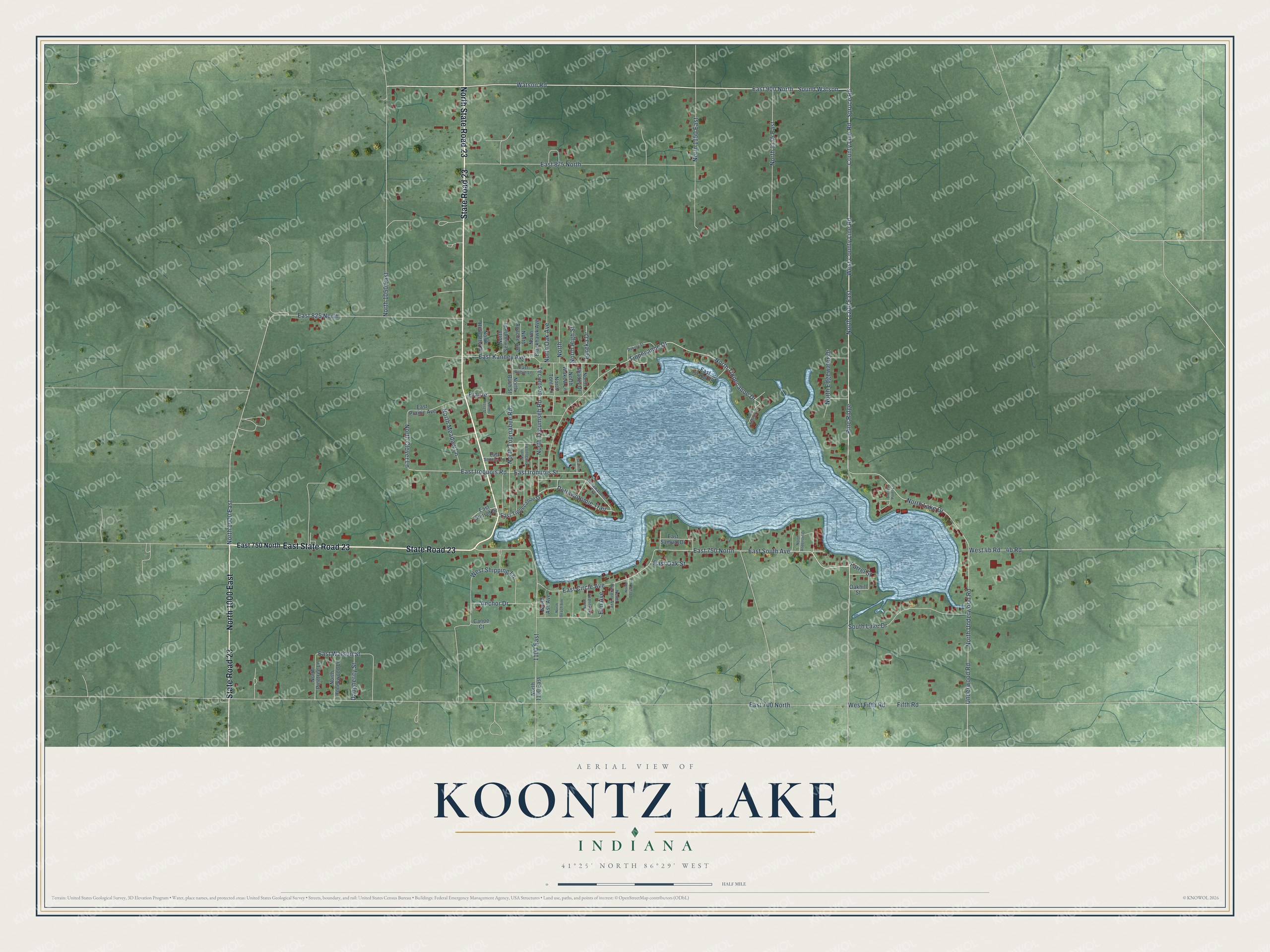 Full map of Koontz Lake, Indiana, with red buildings, printed street names and the land around them