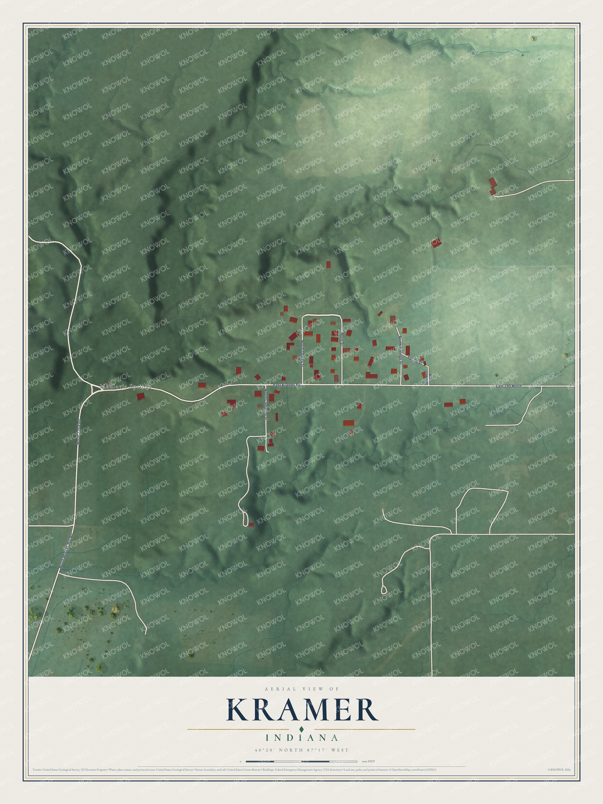 Full map of Kramer, Indiana, with red buildings, printed street names and the land around them