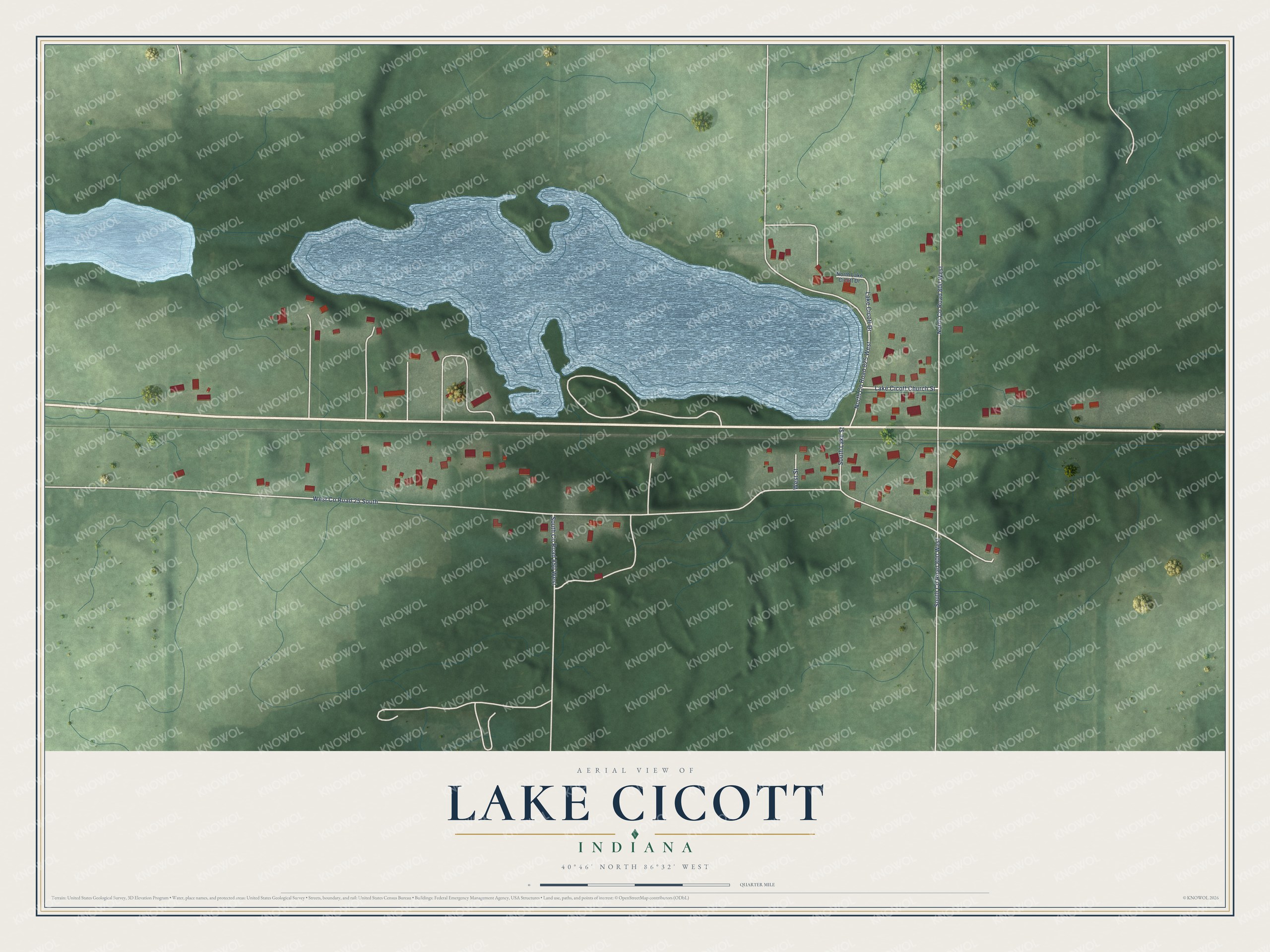 Full map of Lake Cicott, Indiana, with red buildings, printed street names and the land around them