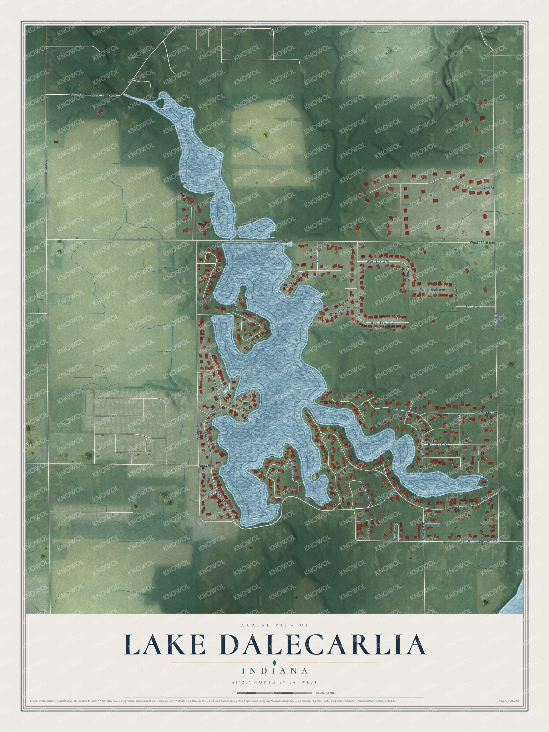 Full map of Lake Dalecarlia, Indiana, with red buildings, printed street names and the land around them