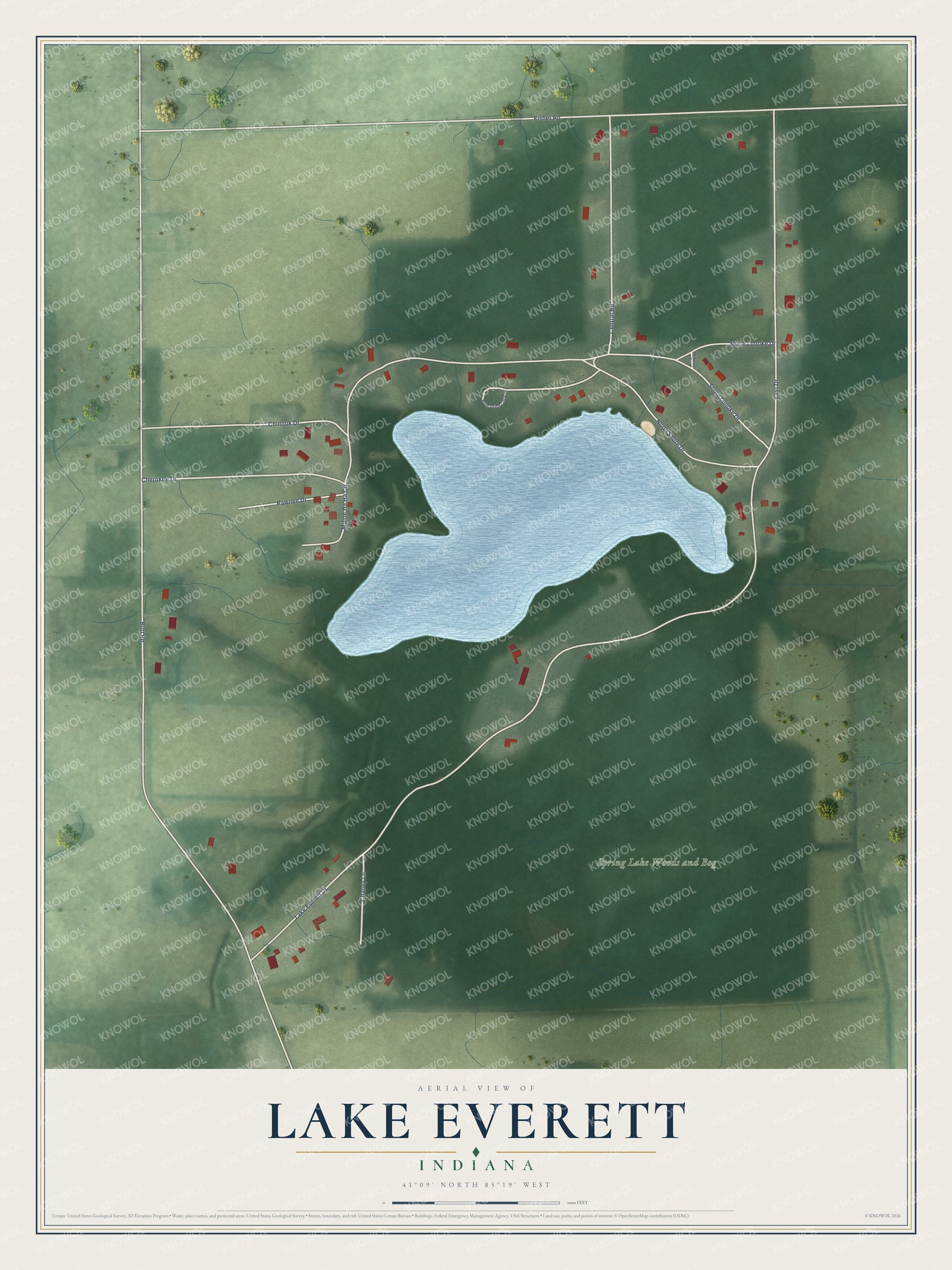 Full map of Lake Everett, Indiana, with red buildings, printed street names and the land around them
