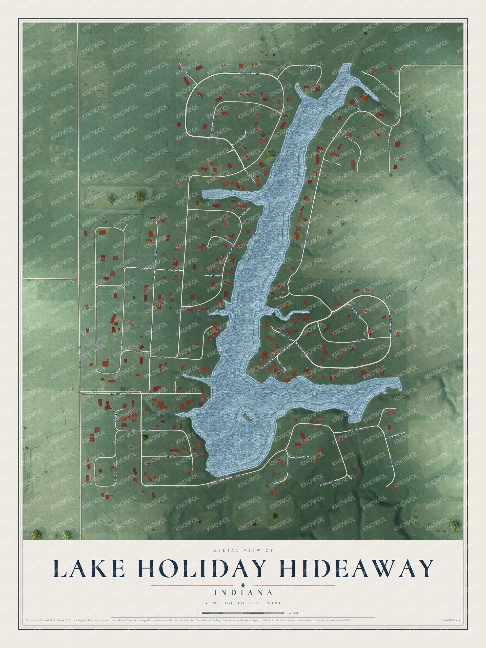 Full map of Lake Holiday Hideaway, Indiana, with red buildings, printed street names and the land around them