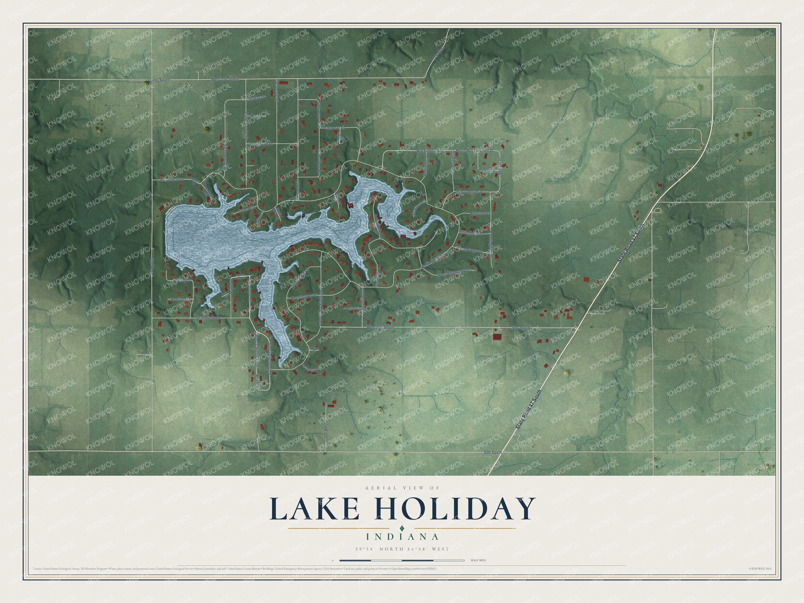 Full map of Lake Holiday, Indiana, with red buildings, printed street names and the land around them