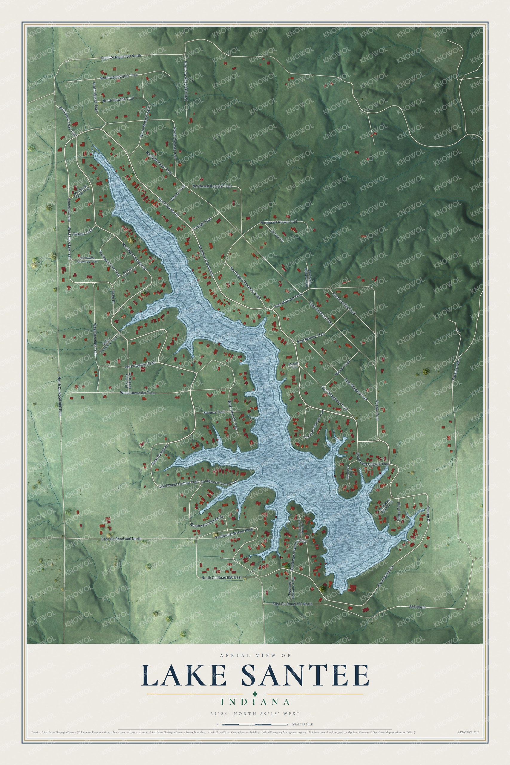 Full map of Lake Santee, Indiana, with red buildings, printed street names and the land around them