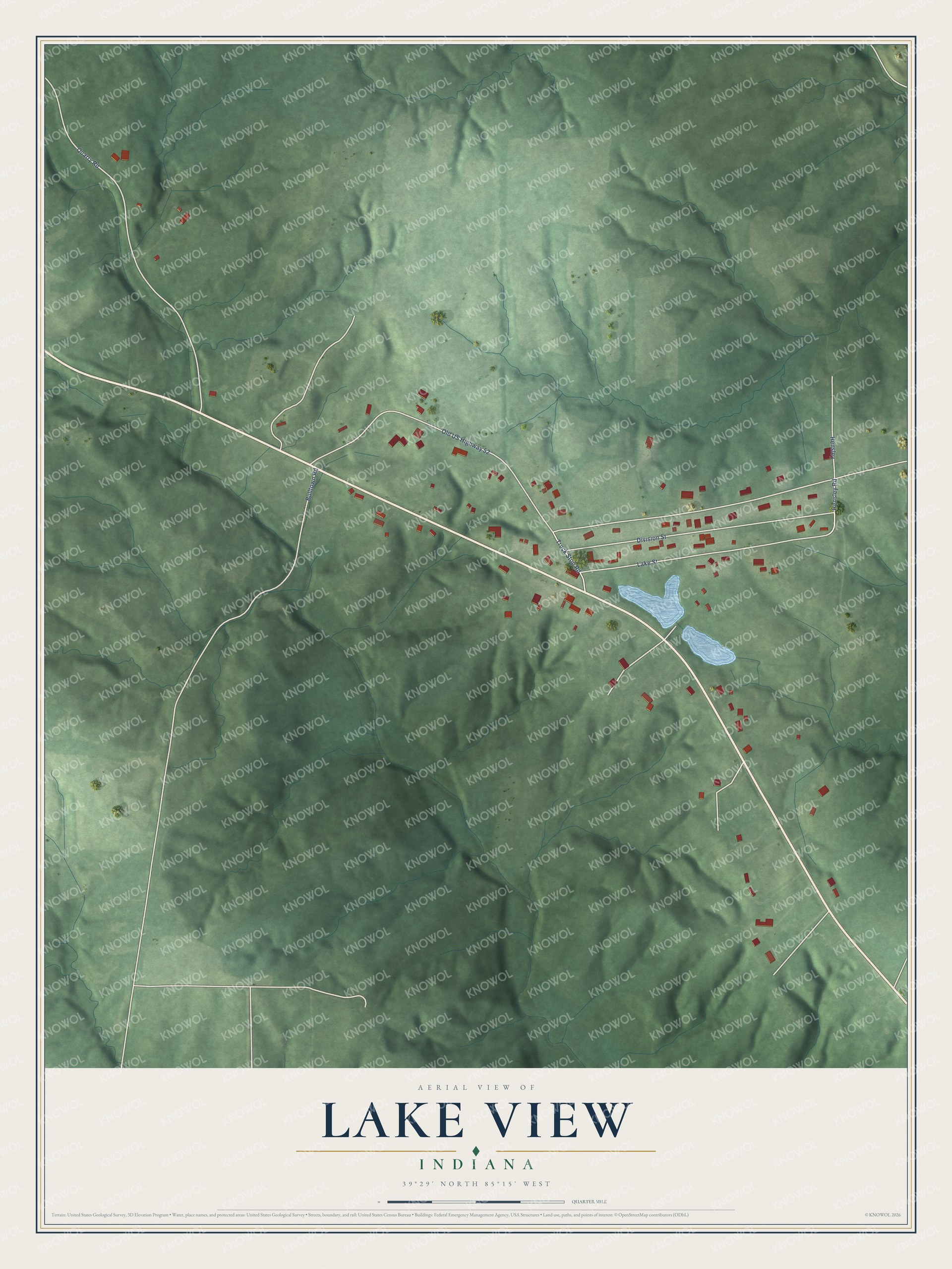 Full map of Lake View, Indiana, with red buildings, printed street names and the land around them