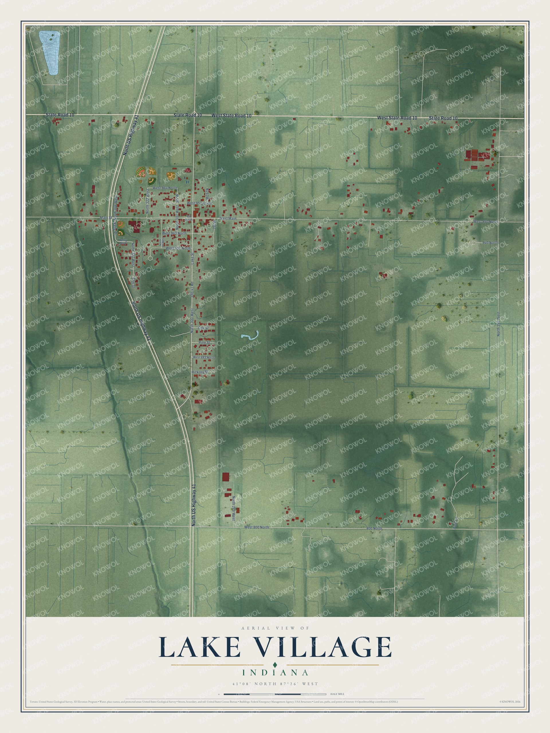 Full map of Lake Village, Indiana, with red buildings, printed street names and the land around them