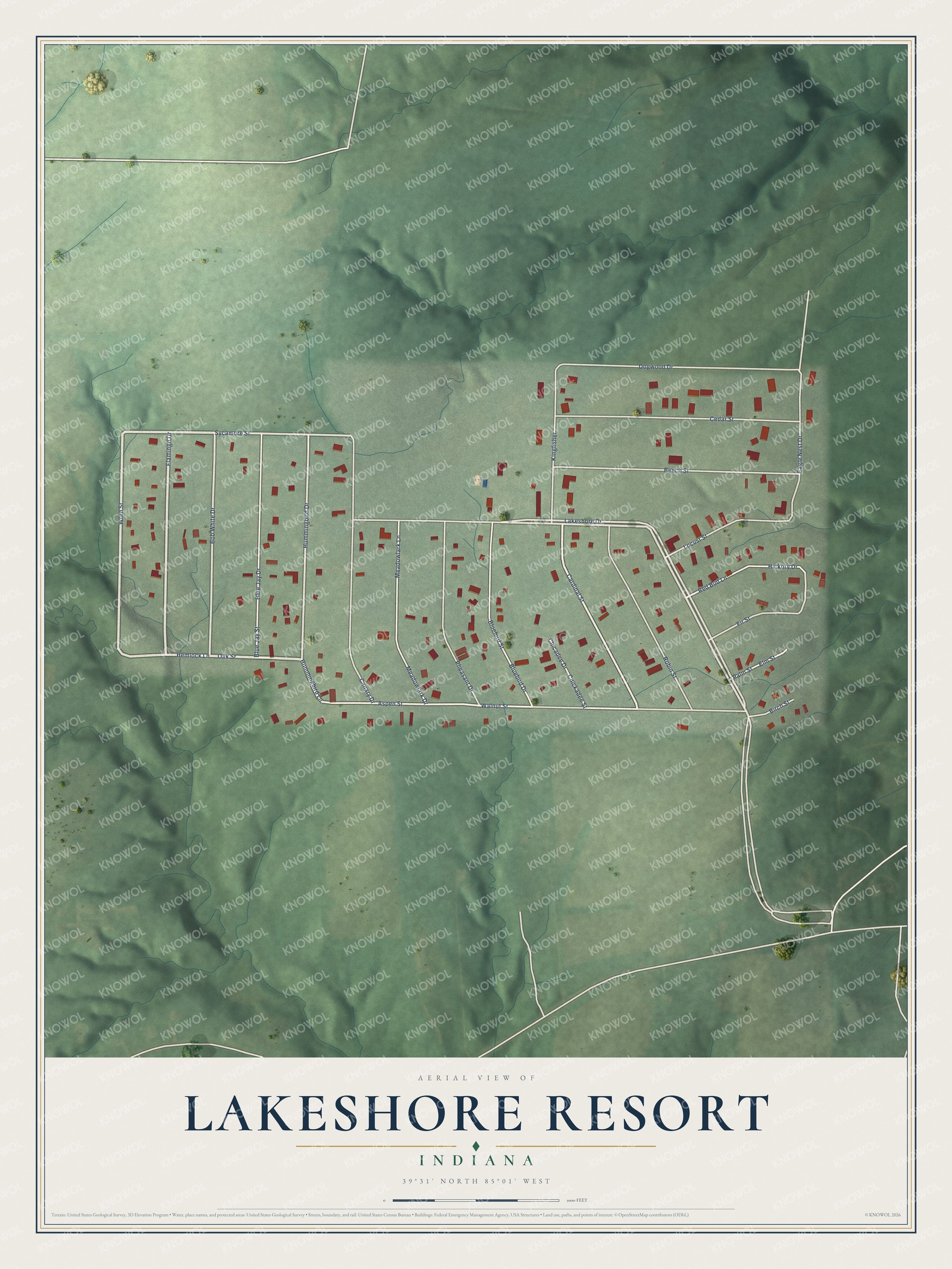 Full map of Lakeshore Resort, Indiana, with red buildings, printed street names and the land around them