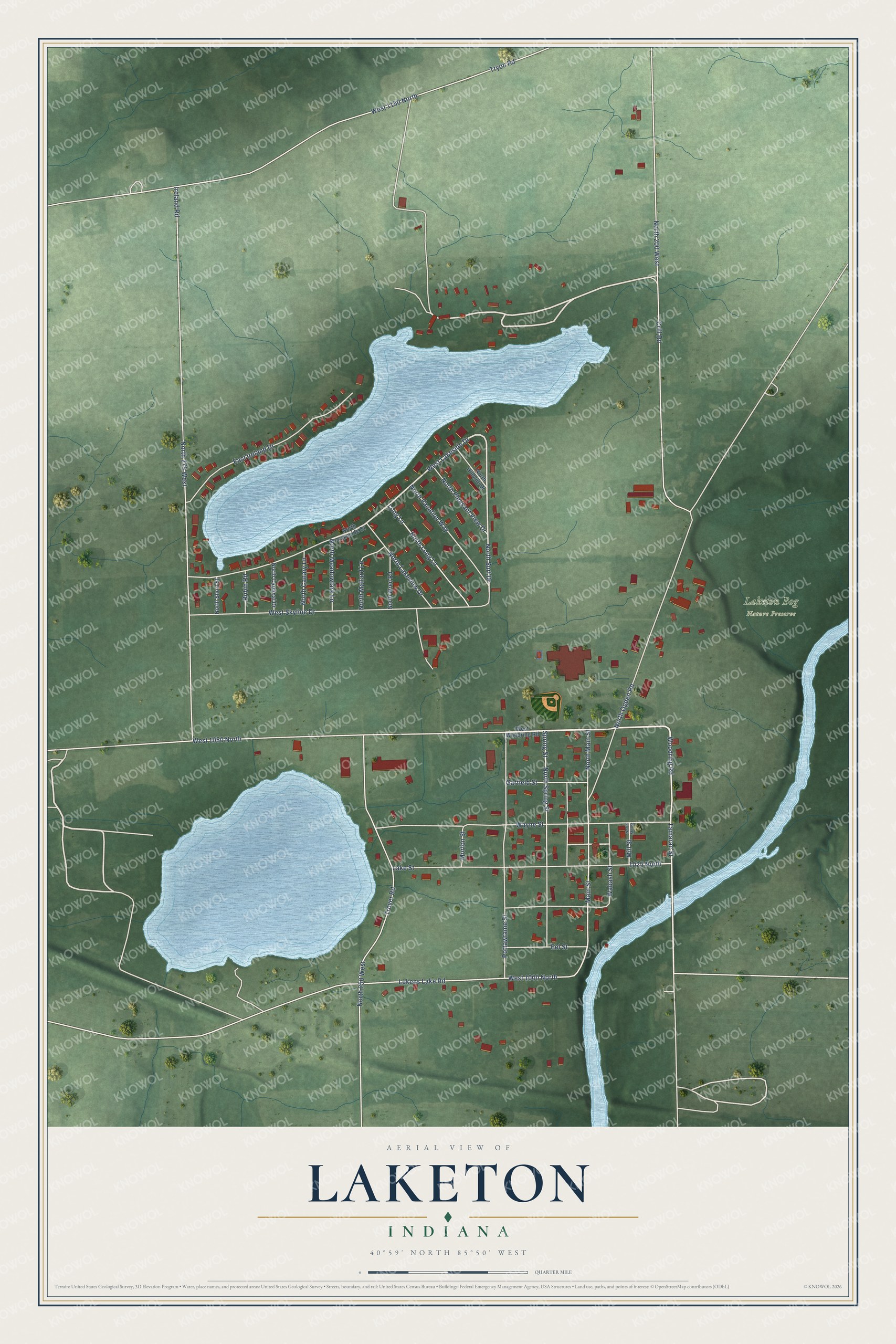 Full map of Laketon, Indiana, with red buildings, printed street names and the land around them