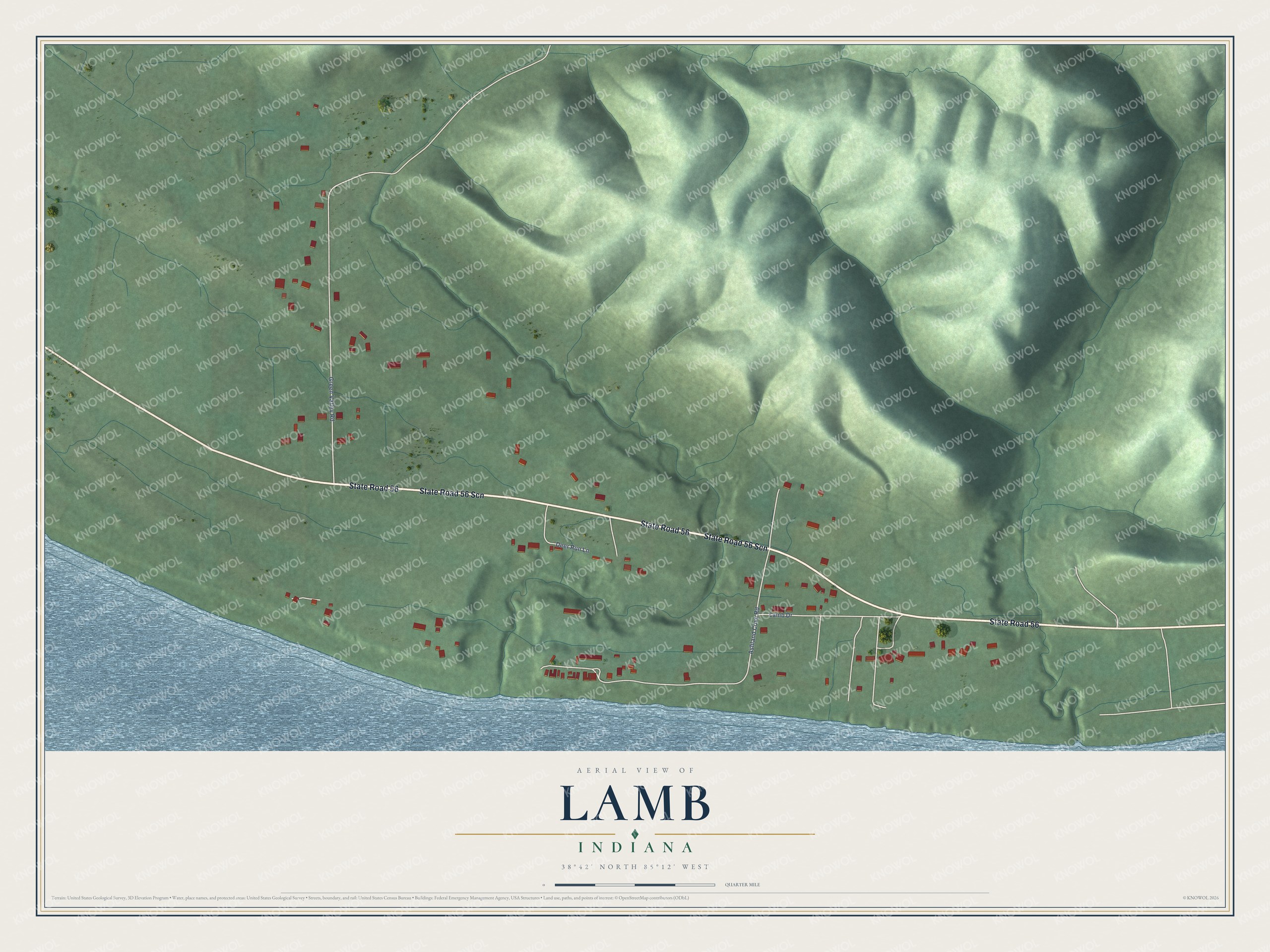 Full map of Lamb, Indiana, with red buildings, printed street names and the land around them