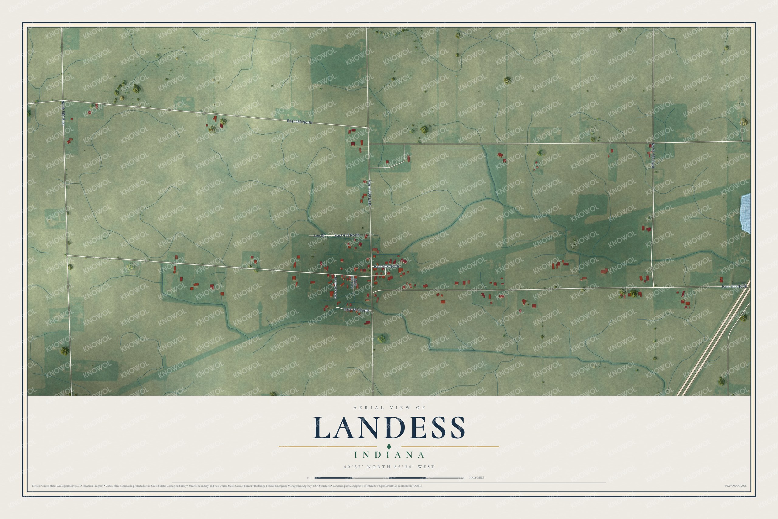 Full map of Landess, Indiana, with red buildings, printed street names and the land around them