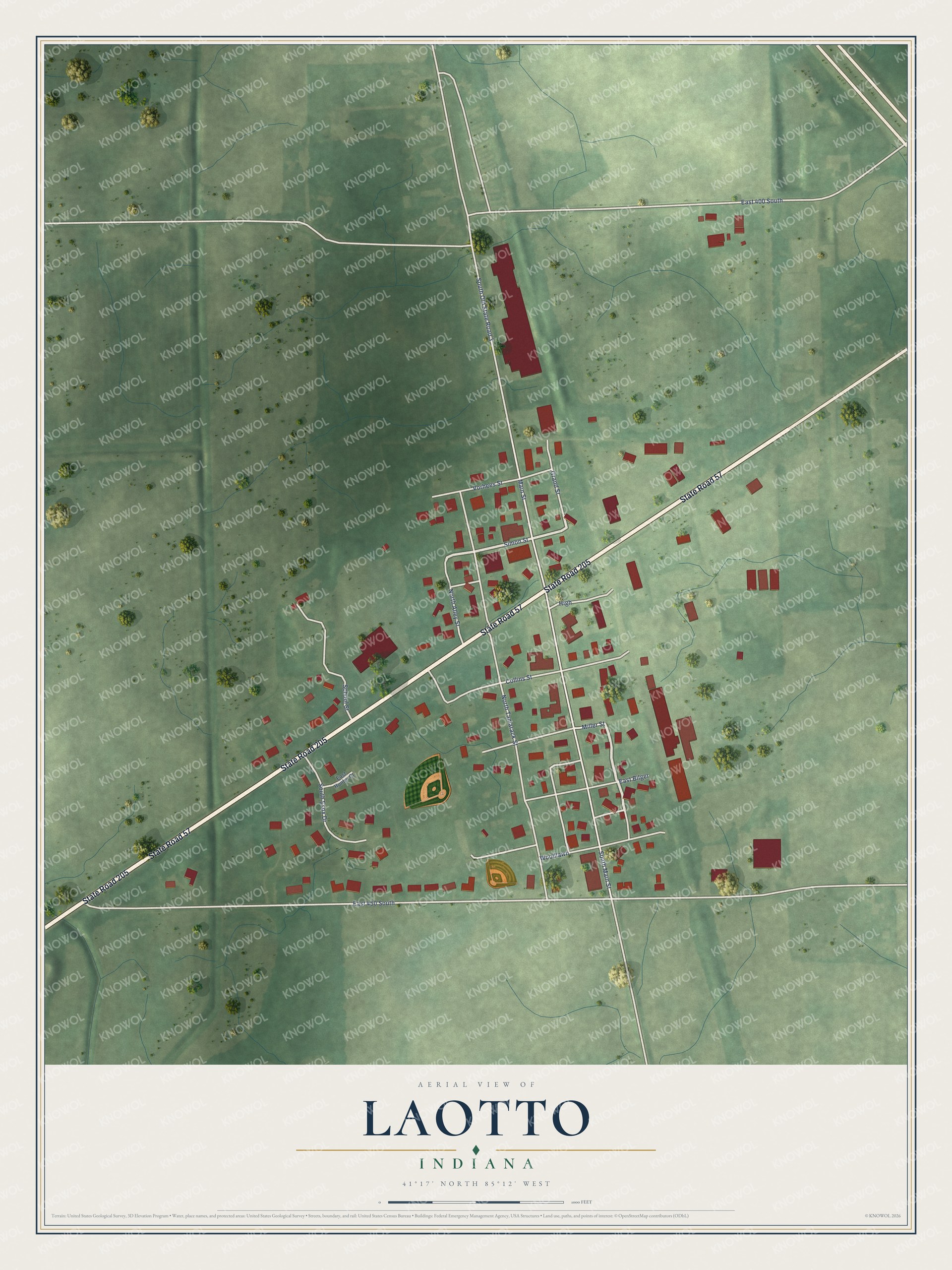 Full map of Laotto, Indiana, with red buildings, printed street names and the land around them