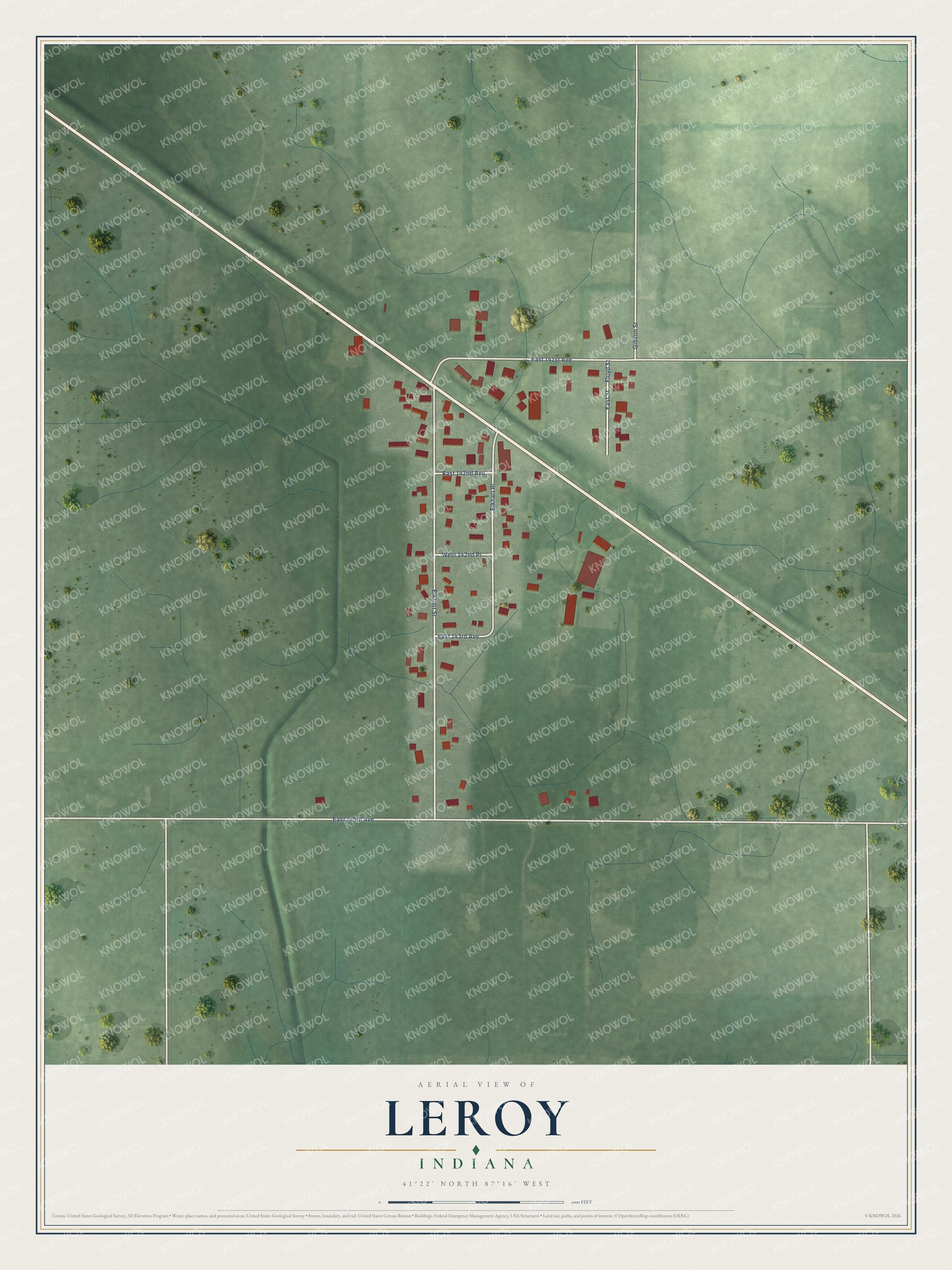 Full map of Leroy, Indiana, with red buildings, printed street names and the land around them
