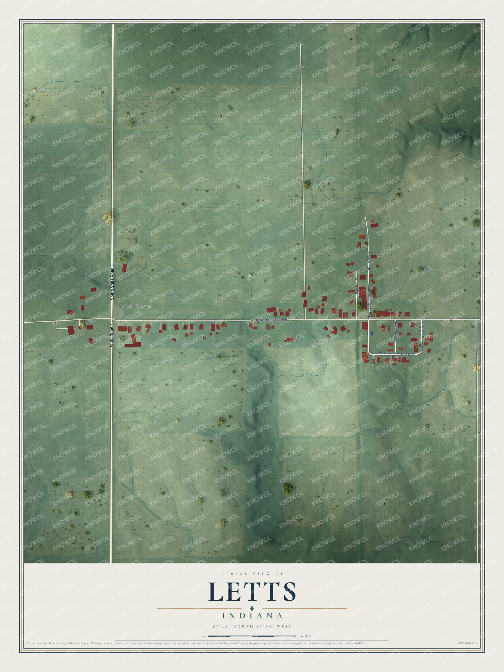 Full map of Letts, Indiana, with red buildings, printed street names and the land around them