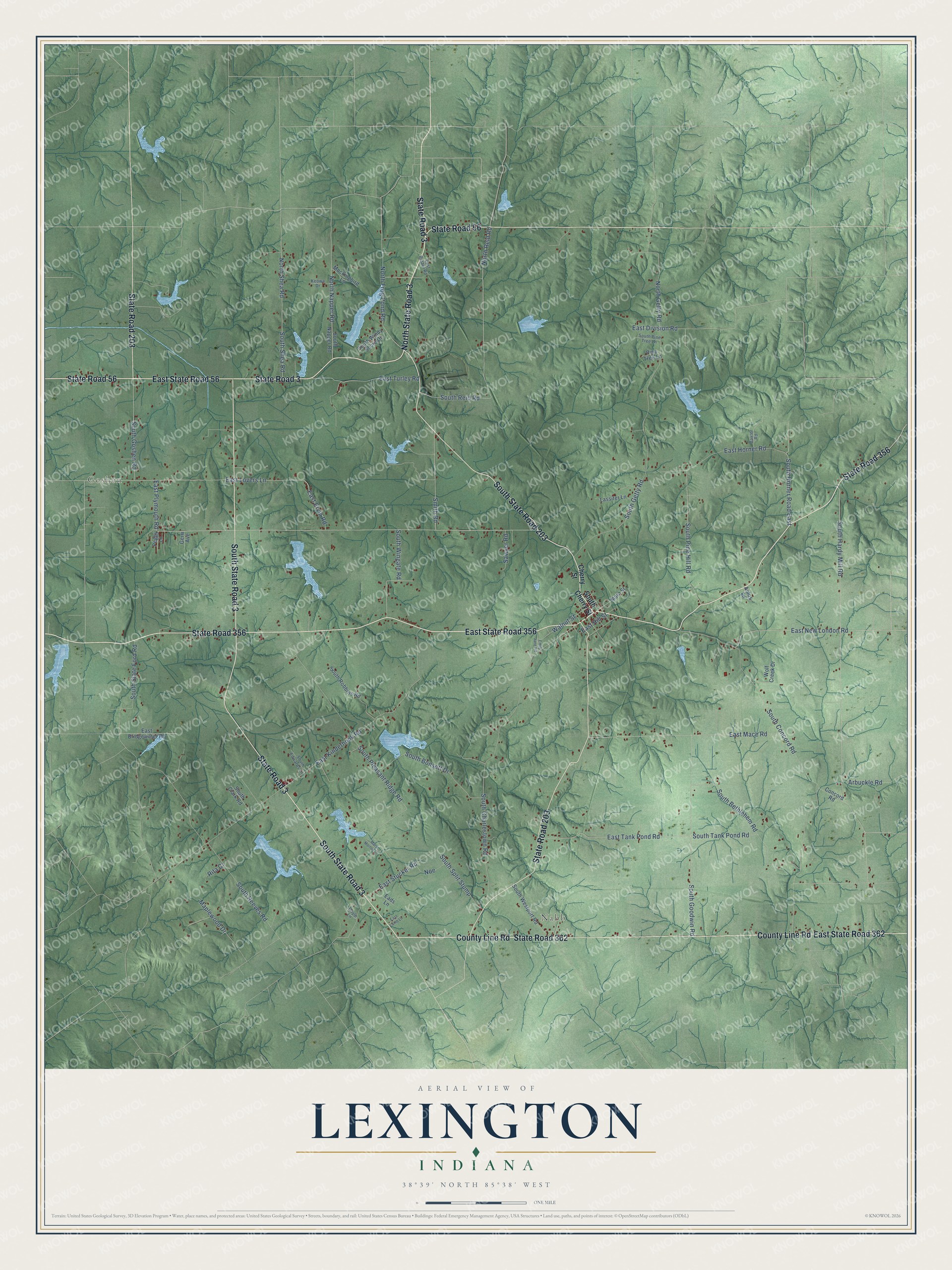 Full map of Lexington, Indiana, with red buildings, printed street names and the land around them
