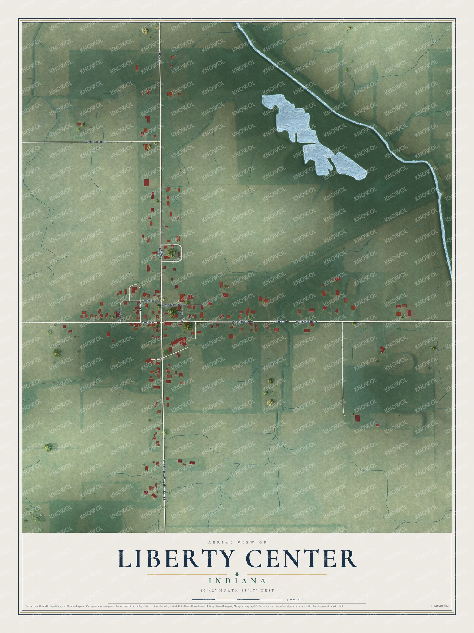 Full map of Liberty Center, Indiana, with red buildings, printed street names and the land around them