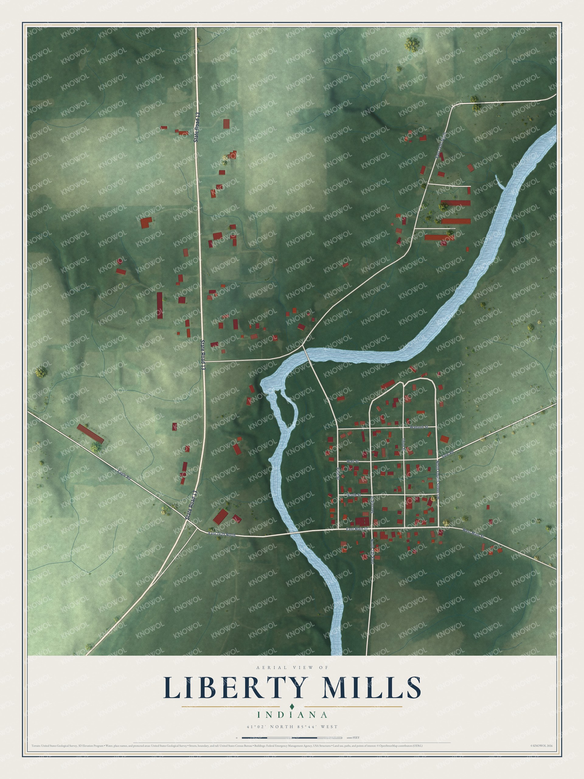 Full map of Liberty Mills, Indiana, with red buildings, printed street names and the land around them
