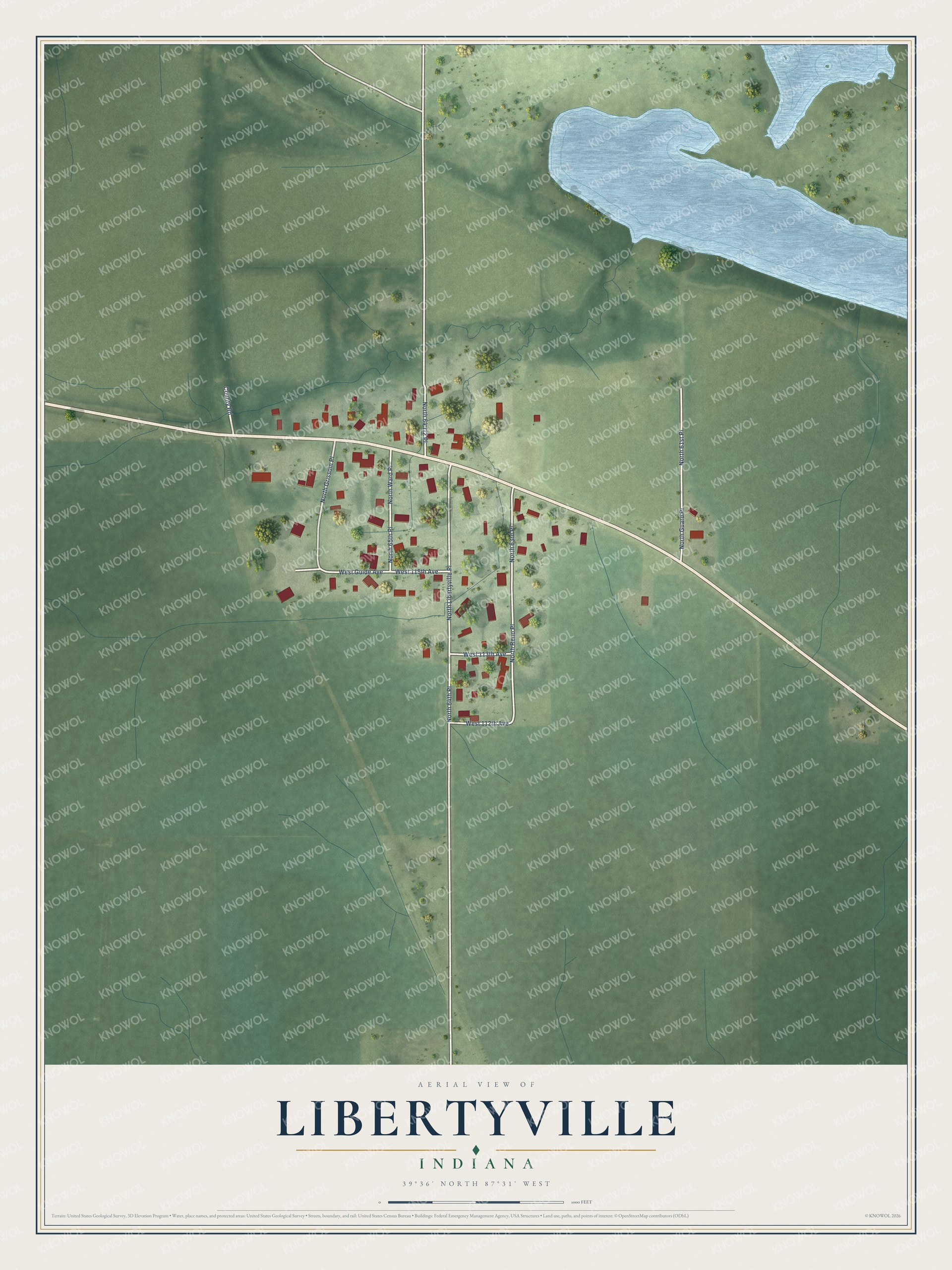 Full map of Libertyville, Indiana, with red buildings, printed street names and the land around them