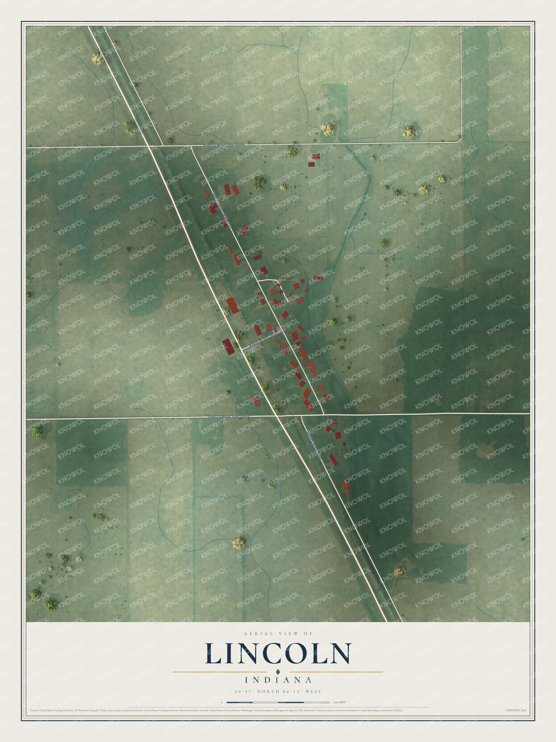 Full map of Lincoln, Indiana, with red buildings, printed street names and the land around them