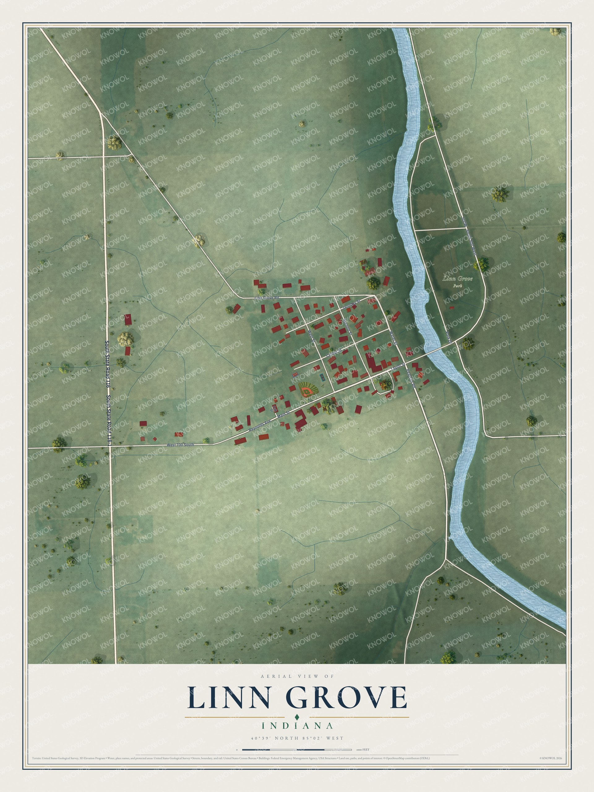 Full map of Linn Grove, Indiana, with red buildings, printed street names and the land around them