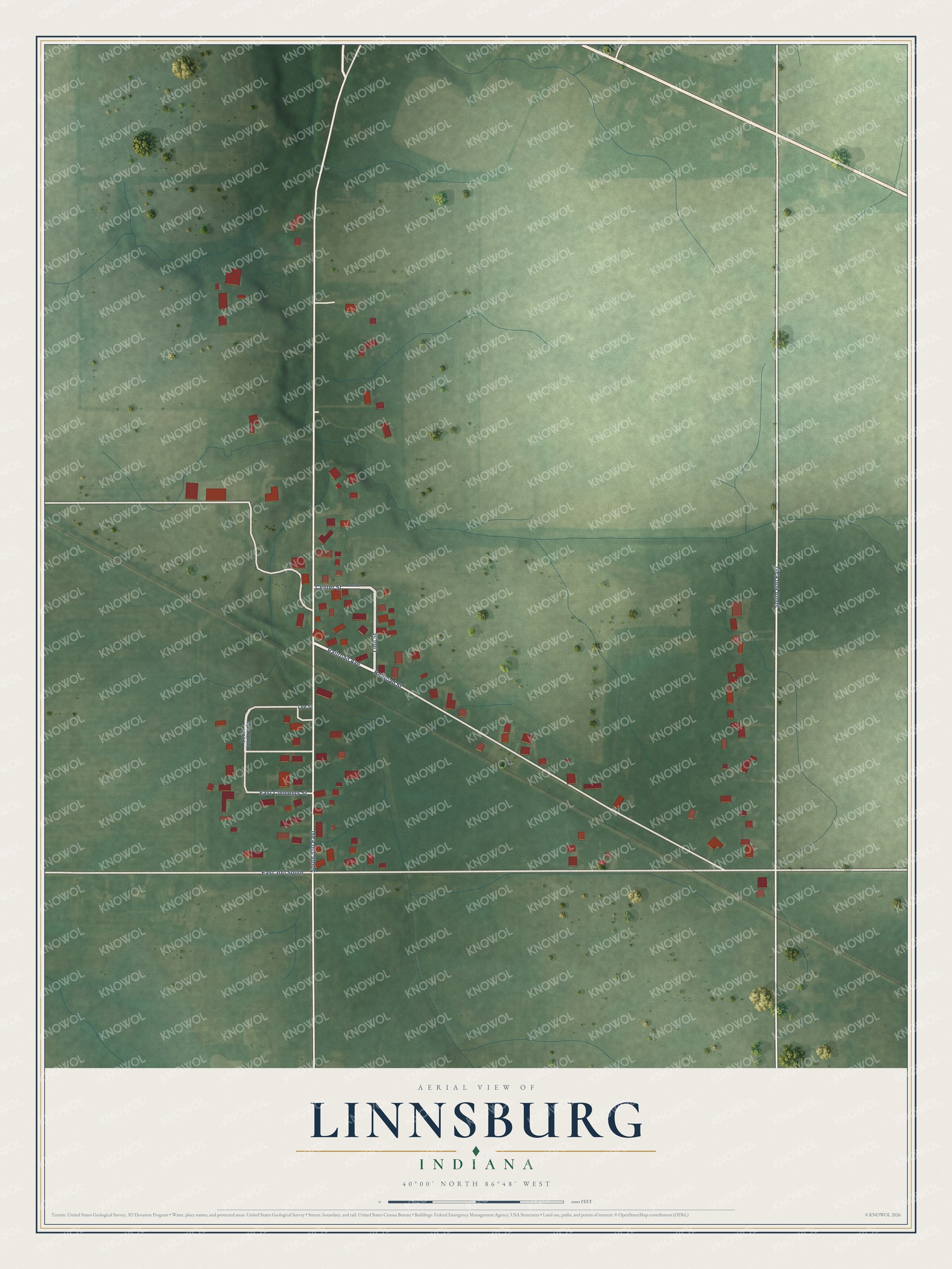 Full map of Linnsburg, Indiana, with red buildings, printed street names and the land around them