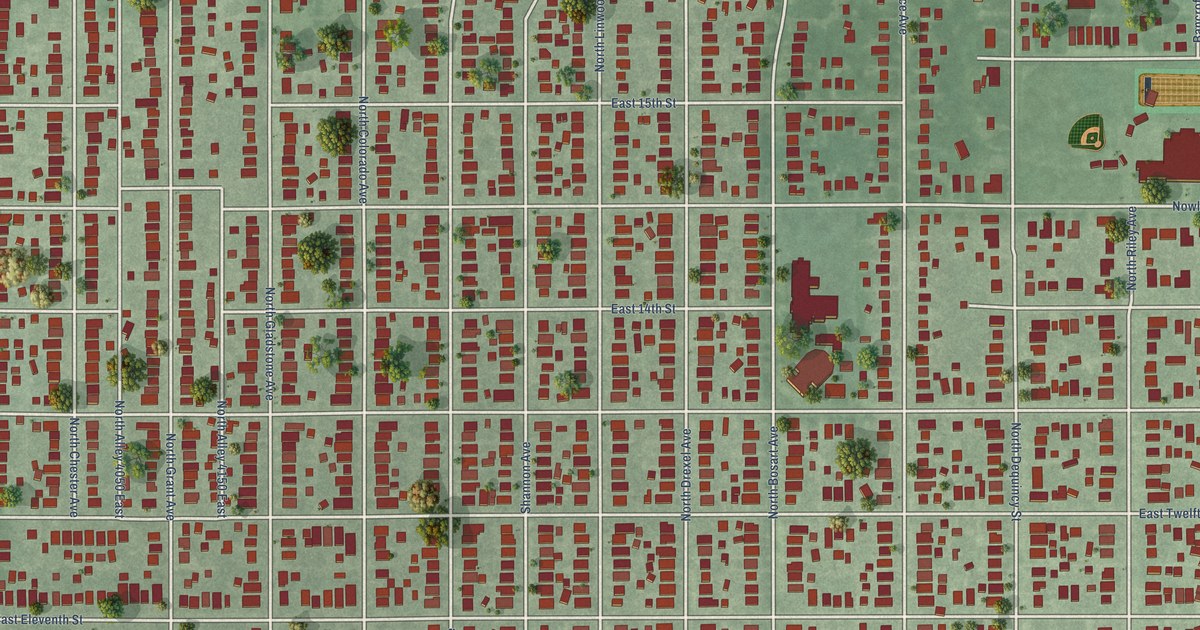 Close-up of streets and buildings in Little Flower, Indiana