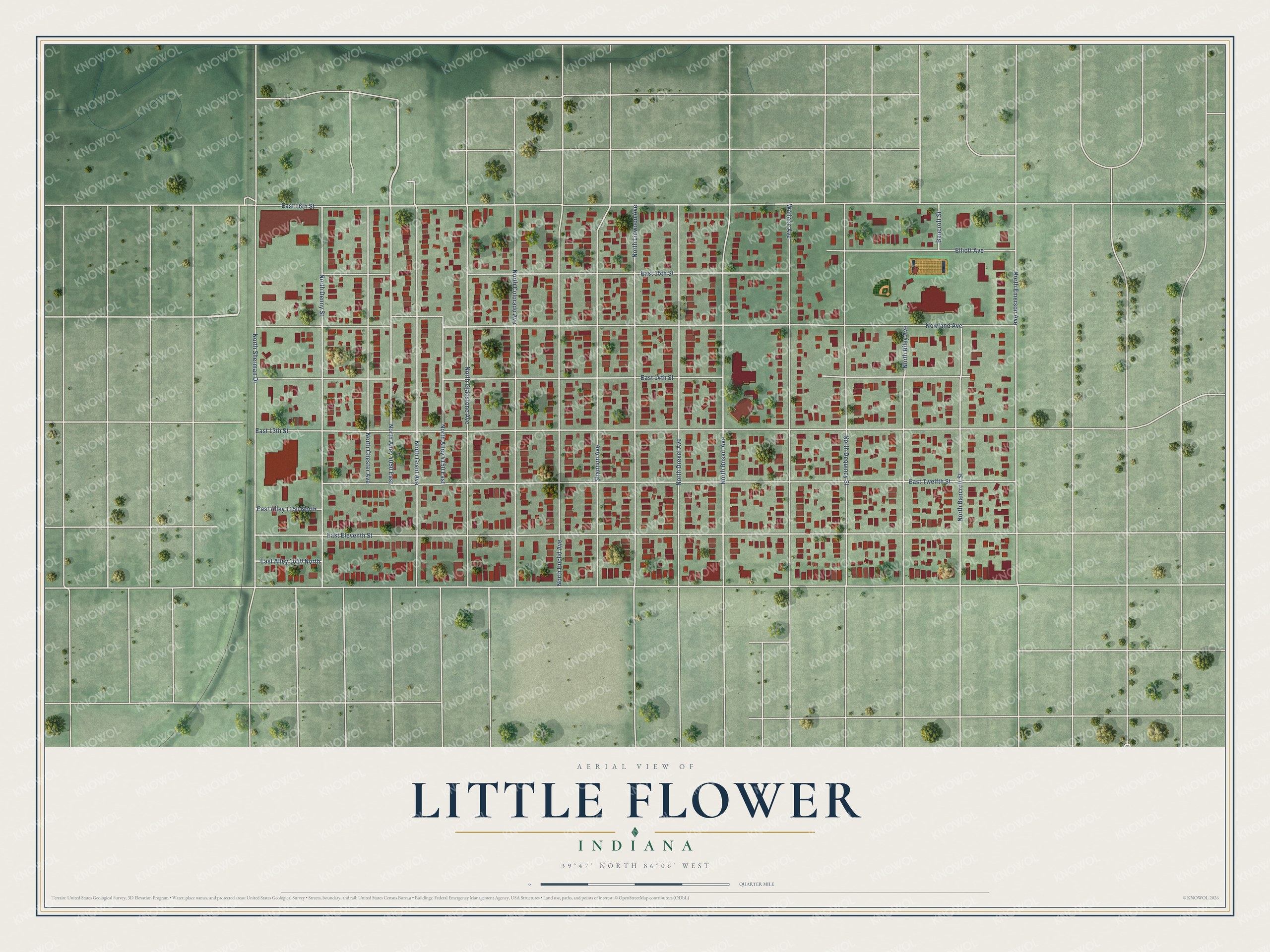 Full map of Little Flower, Indiana, with red buildings, printed street names and the land around them