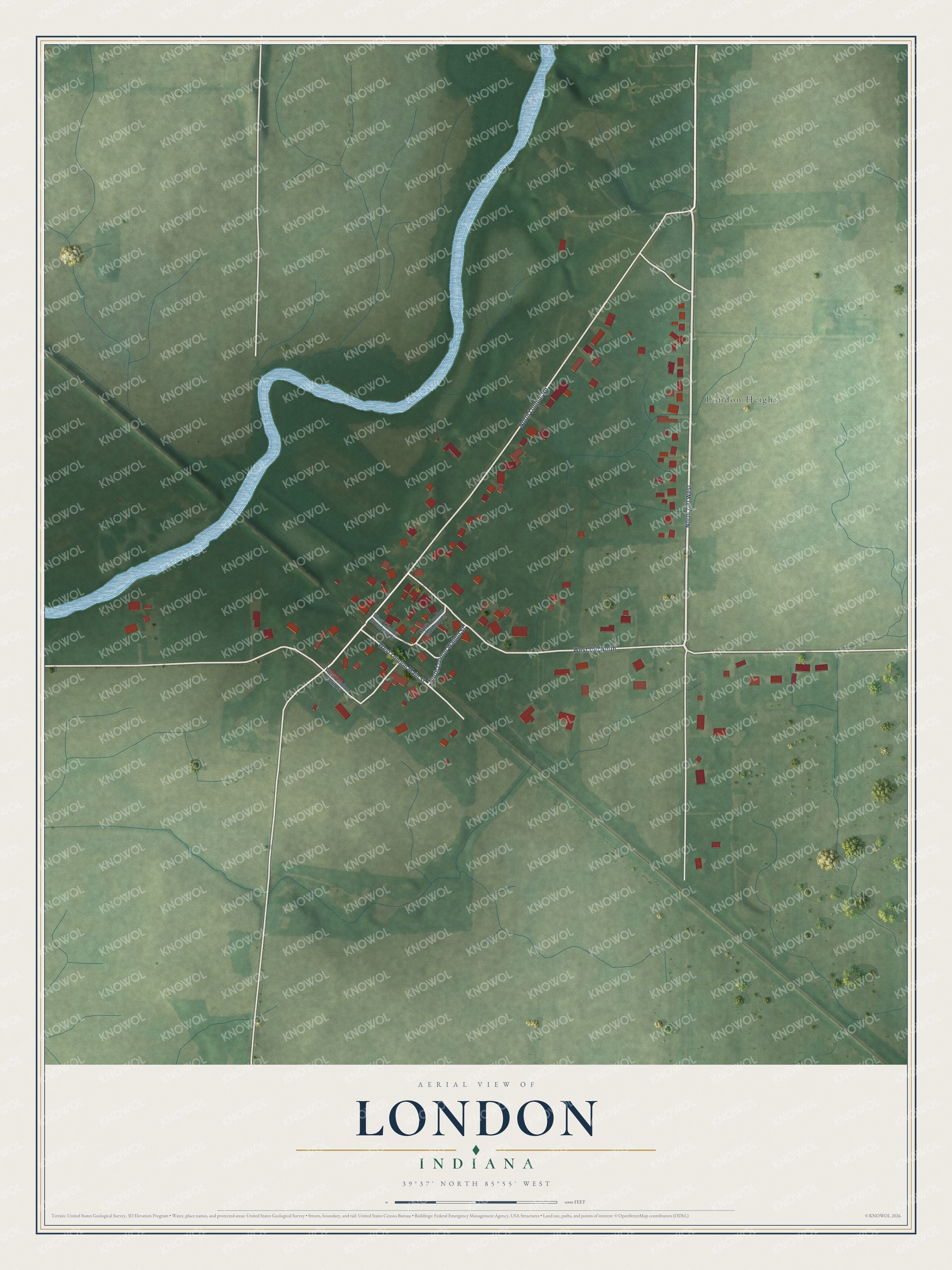 Full map of London, Indiana, with red buildings, printed street names and the land around them