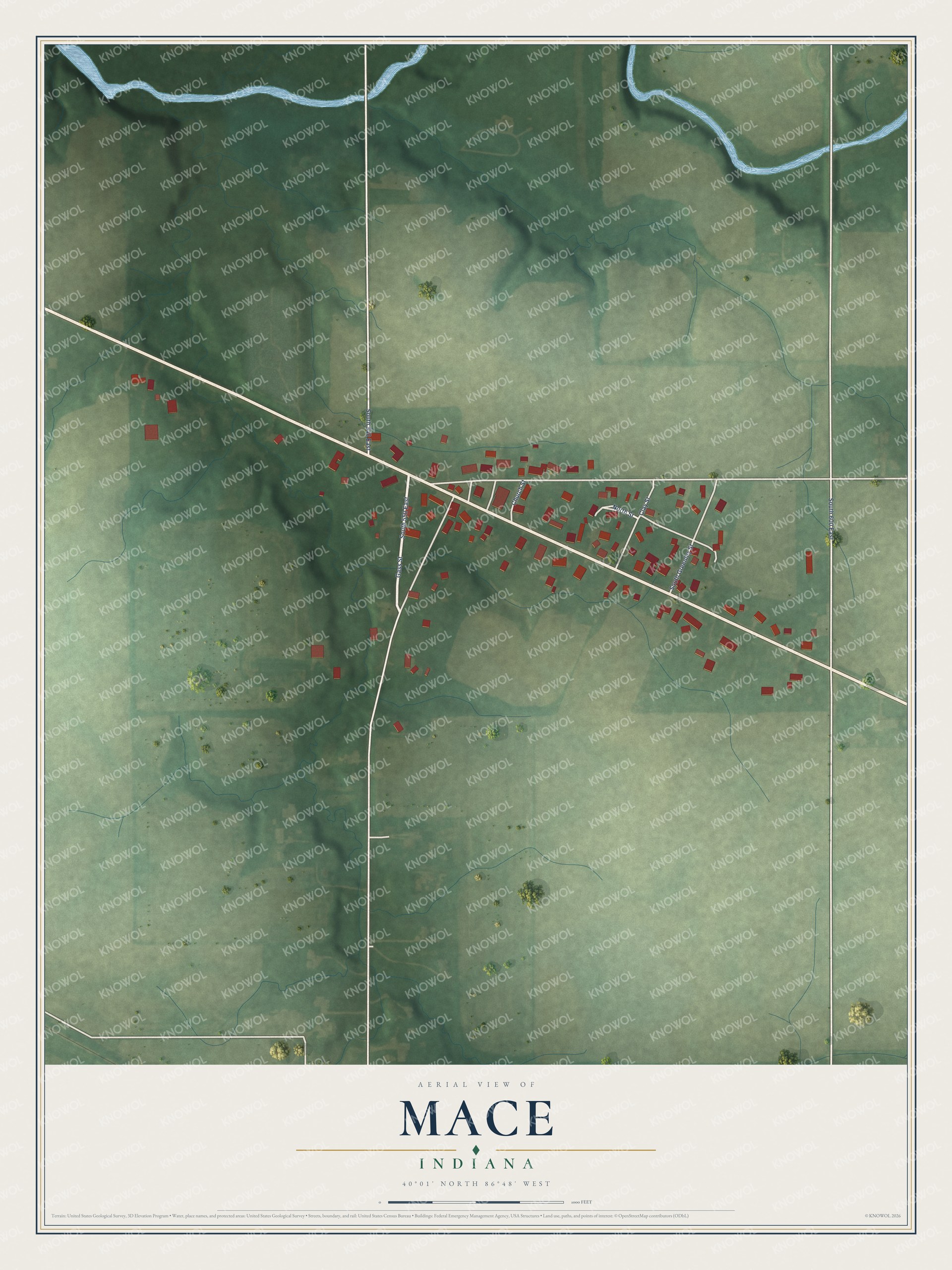 Full map of Mace, Indiana, with red buildings, printed street names and the land around them