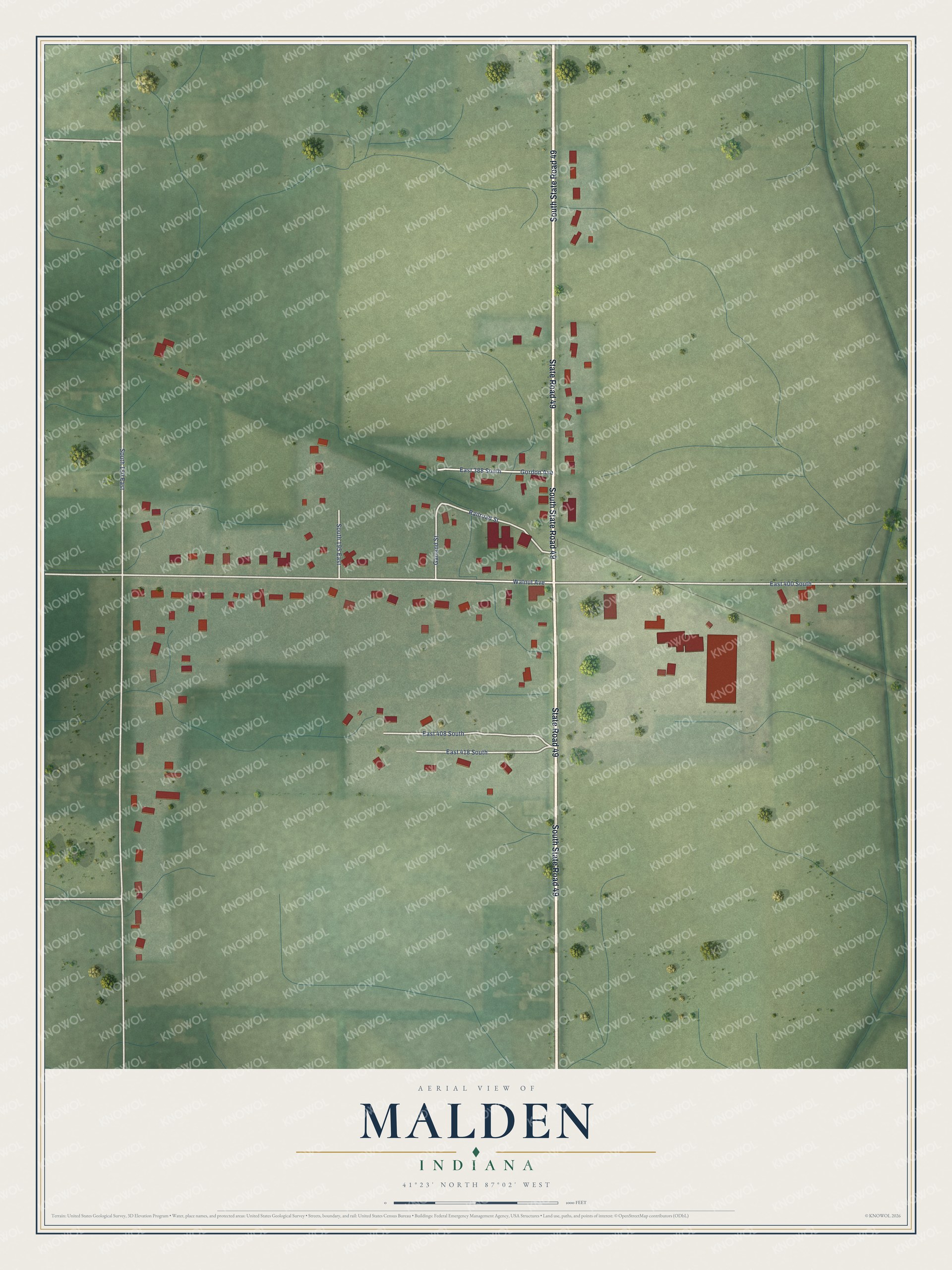 Full map of Malden, Indiana, with red buildings, printed street names and the land around them