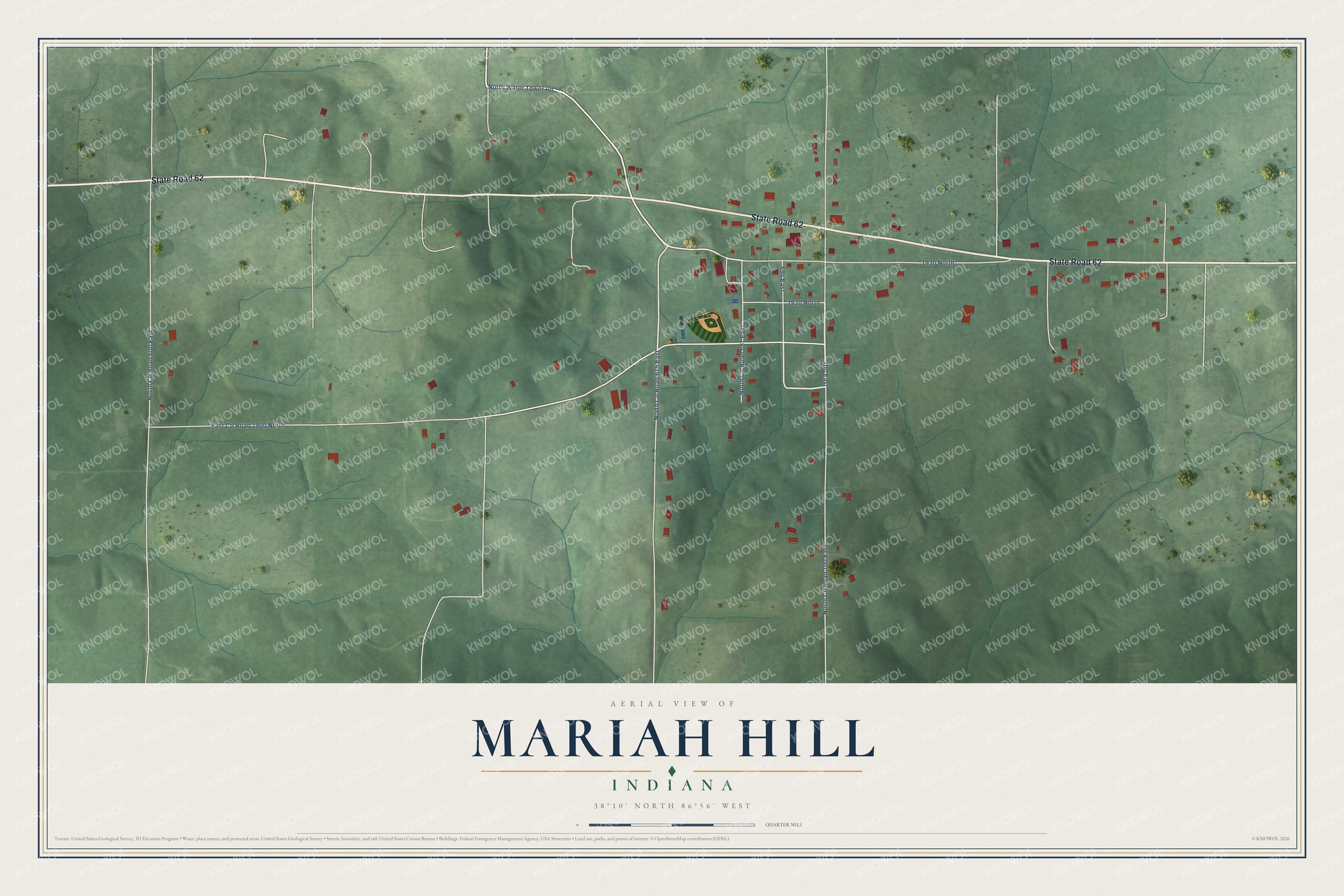 Full map of Mariah Hill, Indiana, with red buildings, printed street names and the land around them