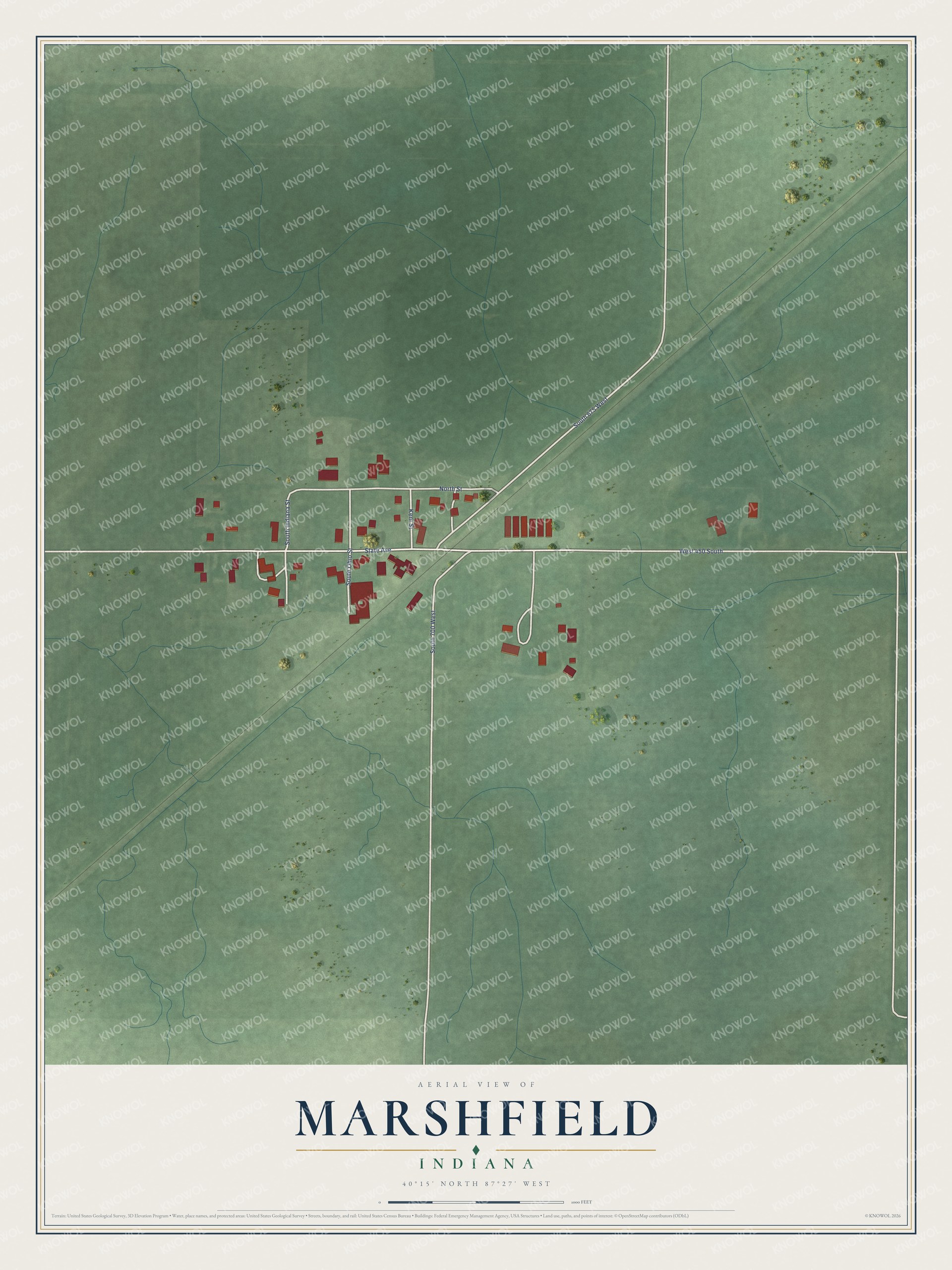 Full map of Marshfield, Indiana, with red buildings, printed street names and the land around them