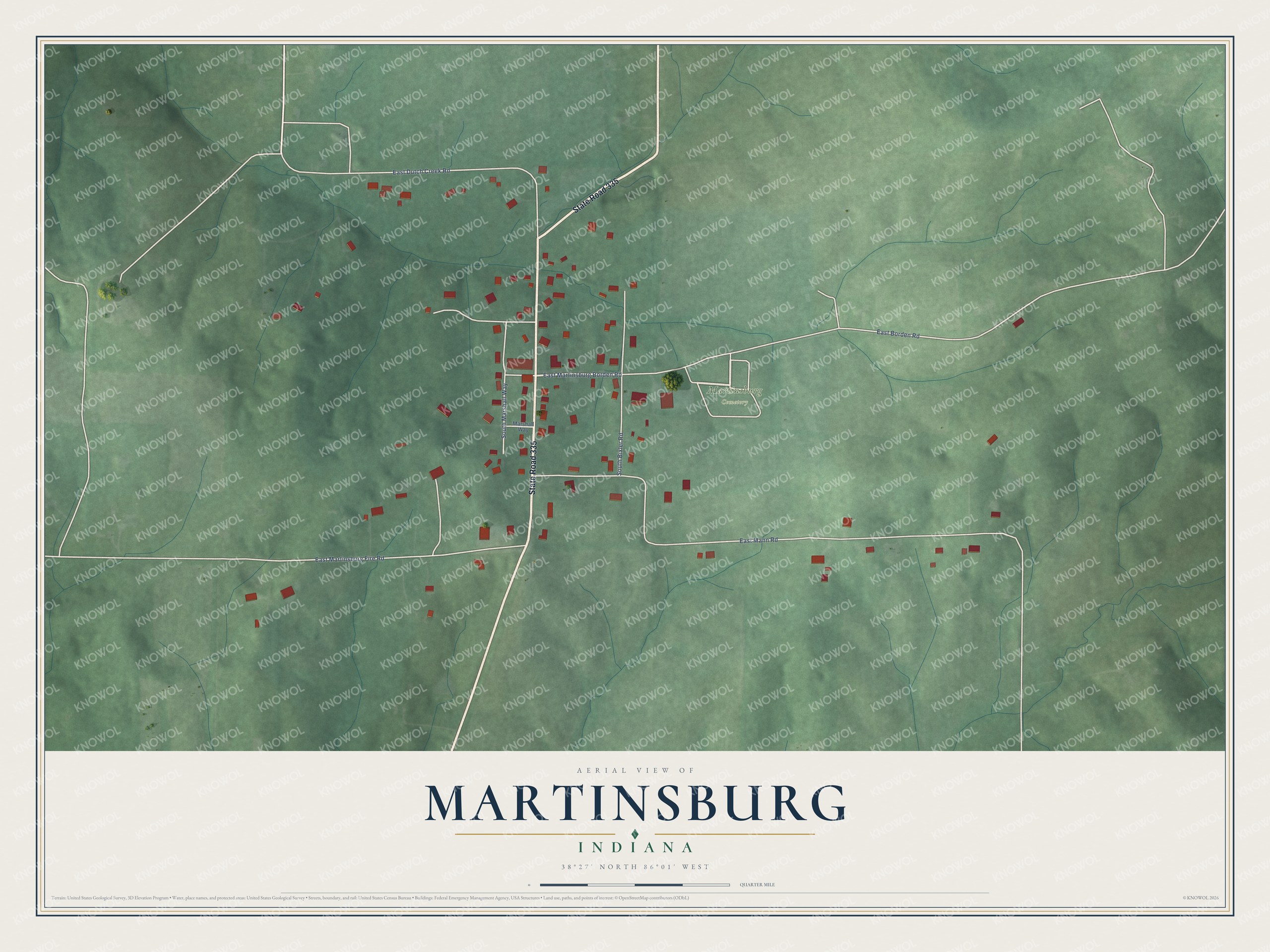 Full map of Martinsburg, Indiana, with red buildings, printed street names and the land around them