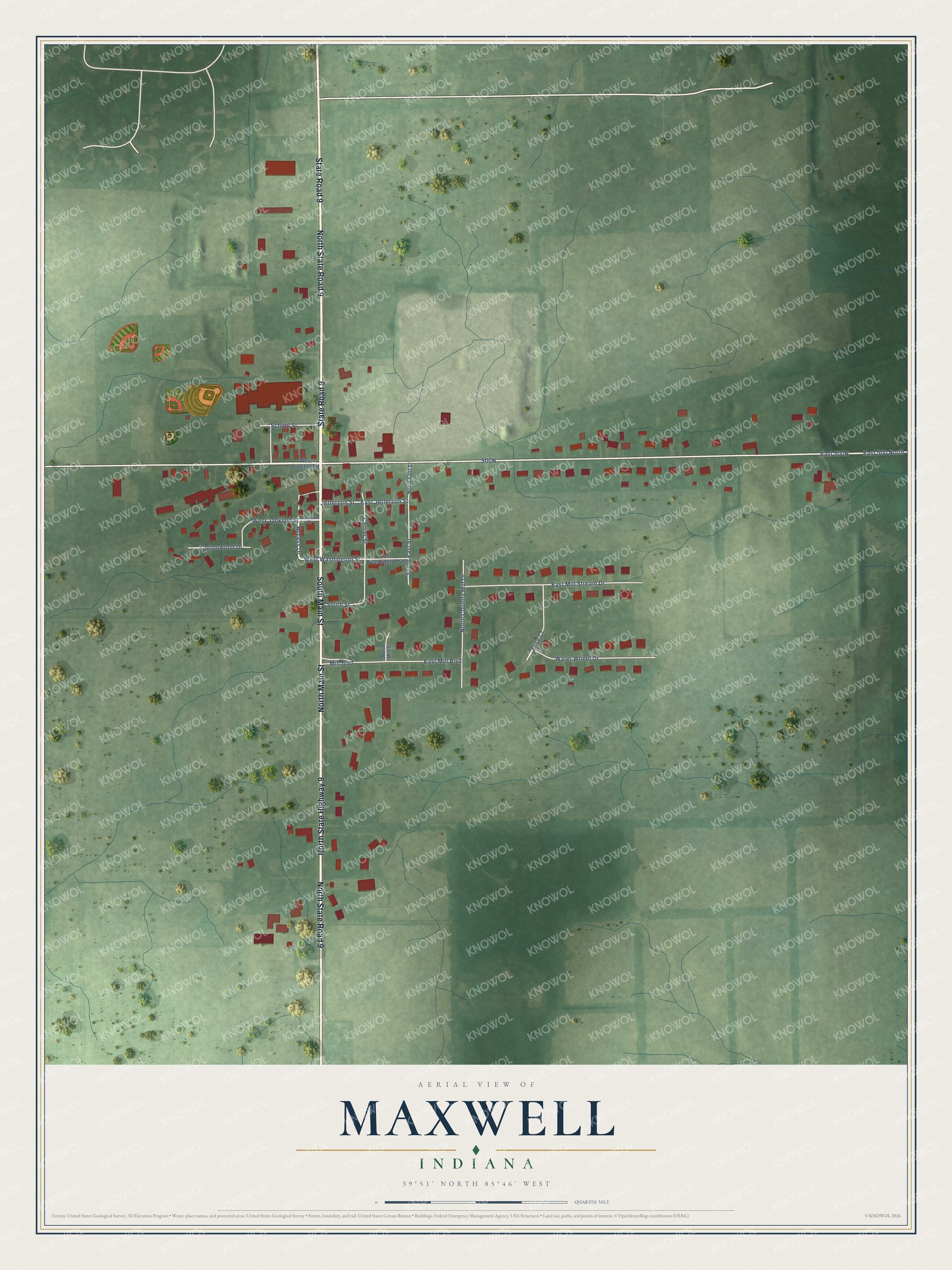 Full map of Maxwell, Indiana, with red buildings, printed street names and the land around them