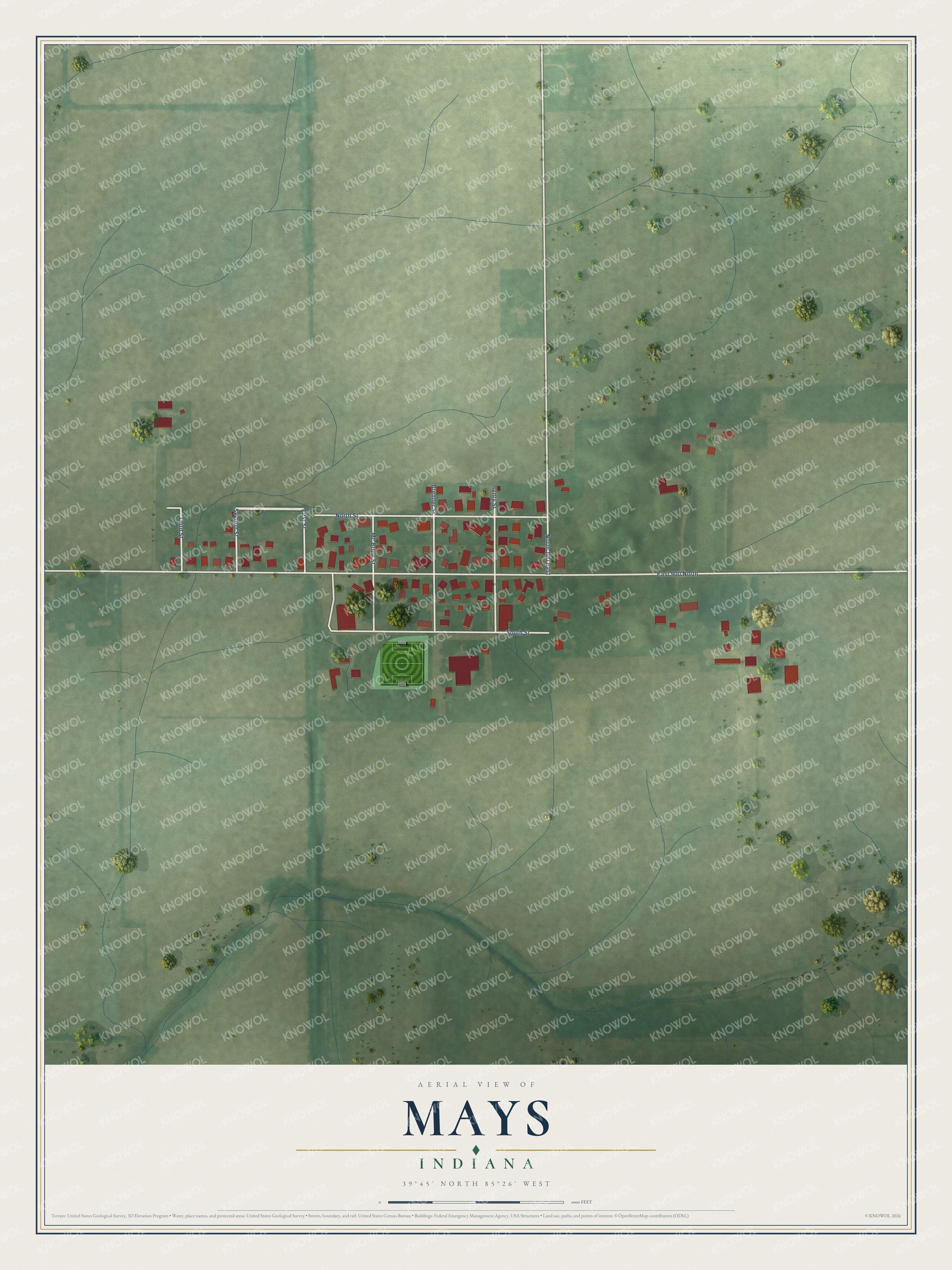Full map of Mays, Indiana, with red buildings, printed street names and the land around them