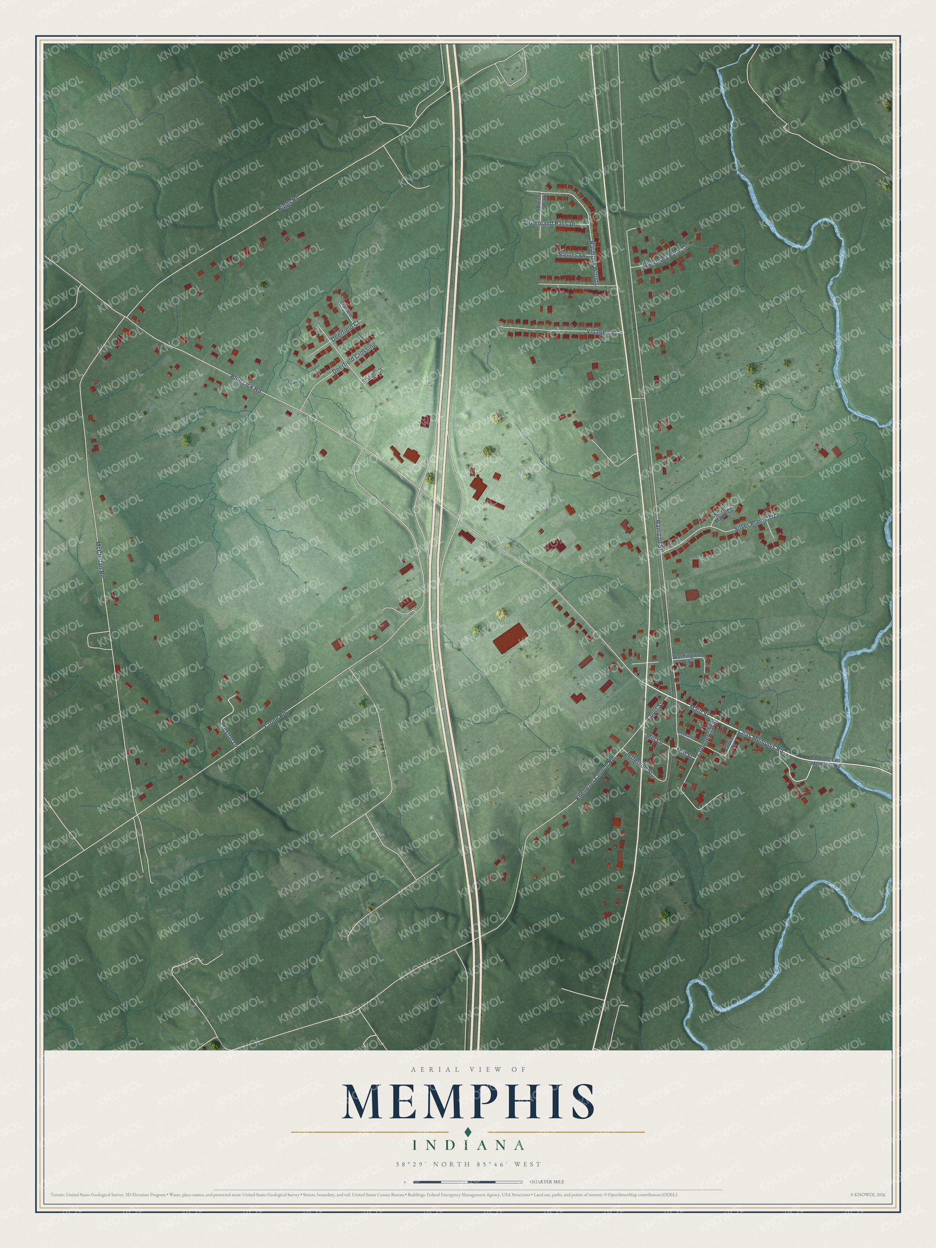 Full map of Memphis, Indiana, with red buildings, printed street names and the land around them