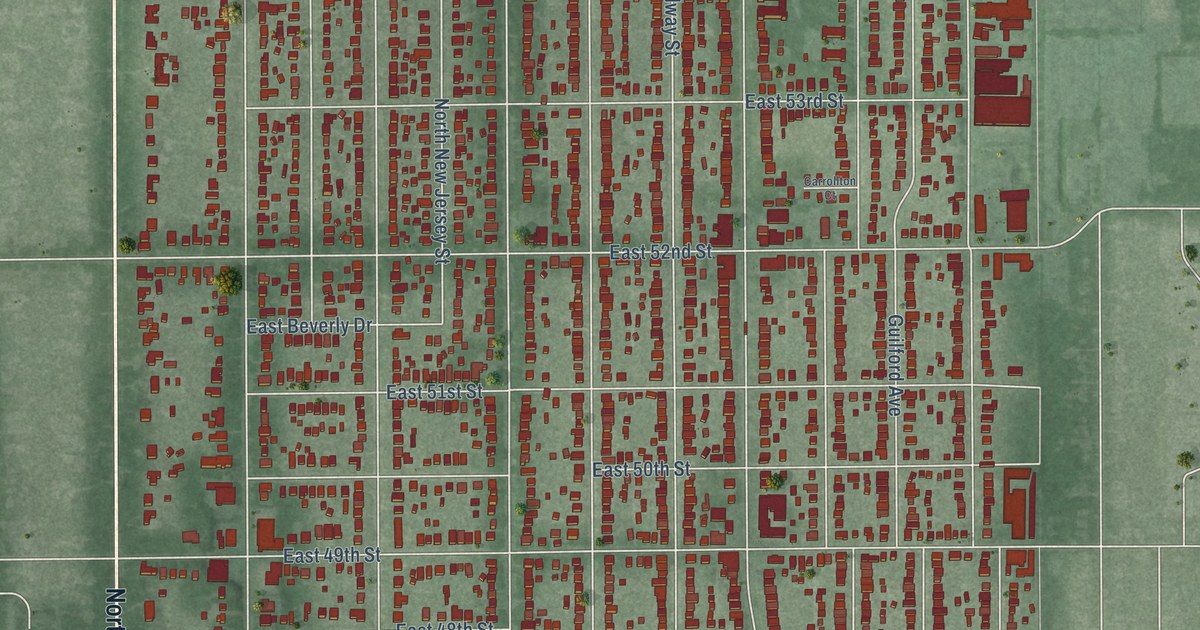 Close-up of streets and buildings in Meridian Kessler, Indiana