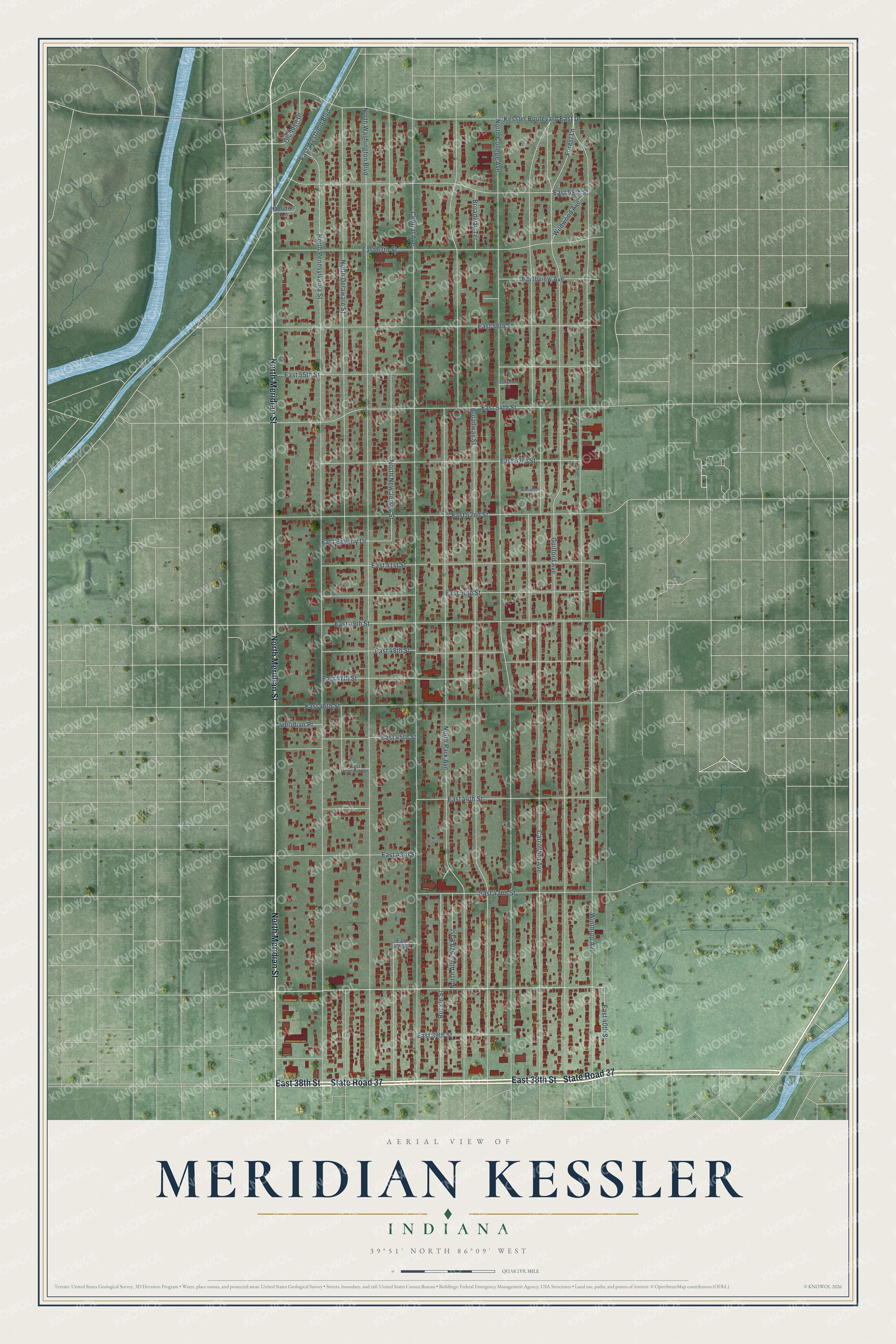 Full map of Meridian Kessler, Indiana, with red buildings, printed street names and the land around them